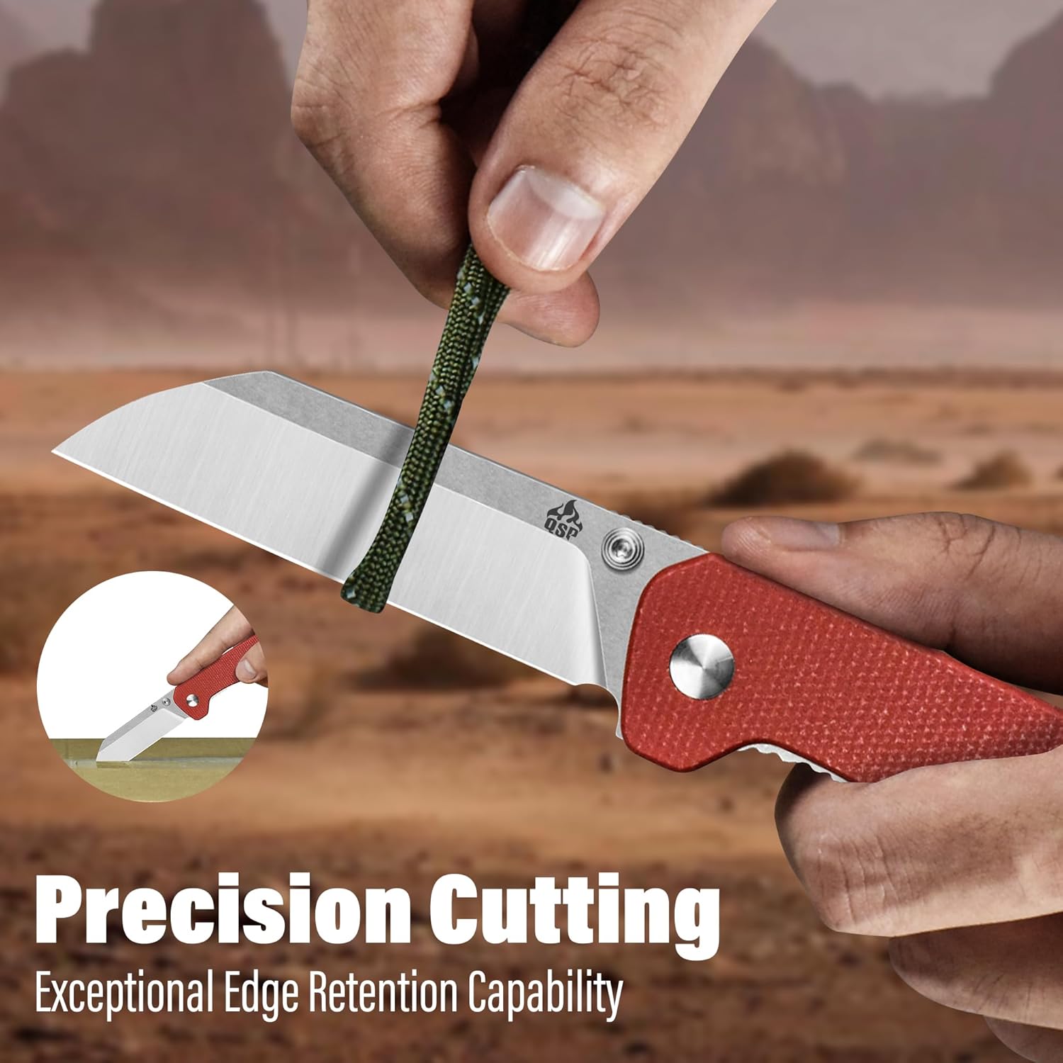 QSP Penguin V2 Folding Pocket Knife, 3.06" D2 Two Tone Finish Stonewash Satin Blade EDC Knife, Red Micarta Handle, Liner Lock, Ceramic Ball Bearings, Reversible SS Deep Carry Clip