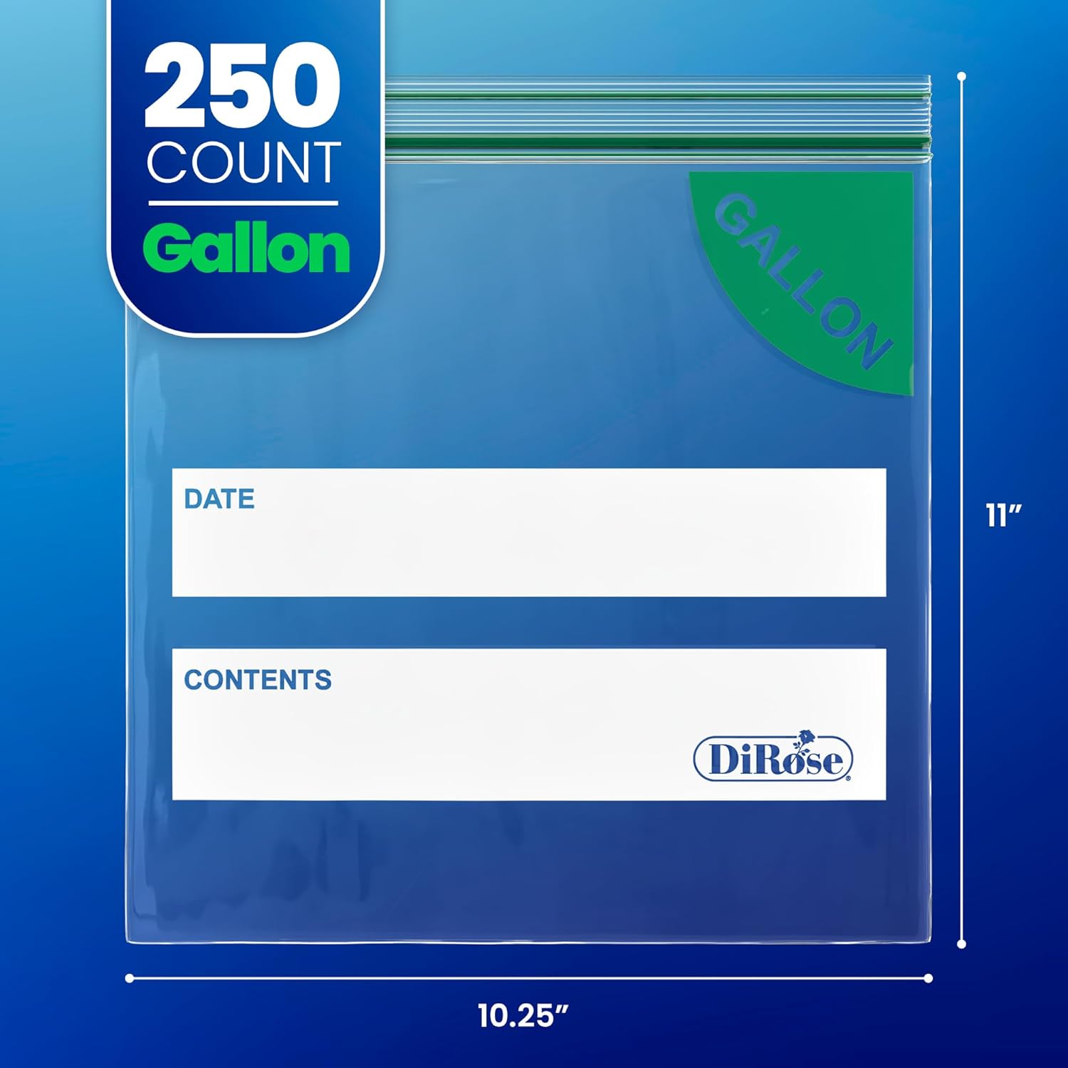 DiRose Gallon Bags Pack of 250 – 1 Gallon Reclosable Storage Bags – Practical and Durable Design – Food Safe Non-BPA Material – Easy Zip Closure – Ideal for Food, Snacks, Dog Treats, Organizing