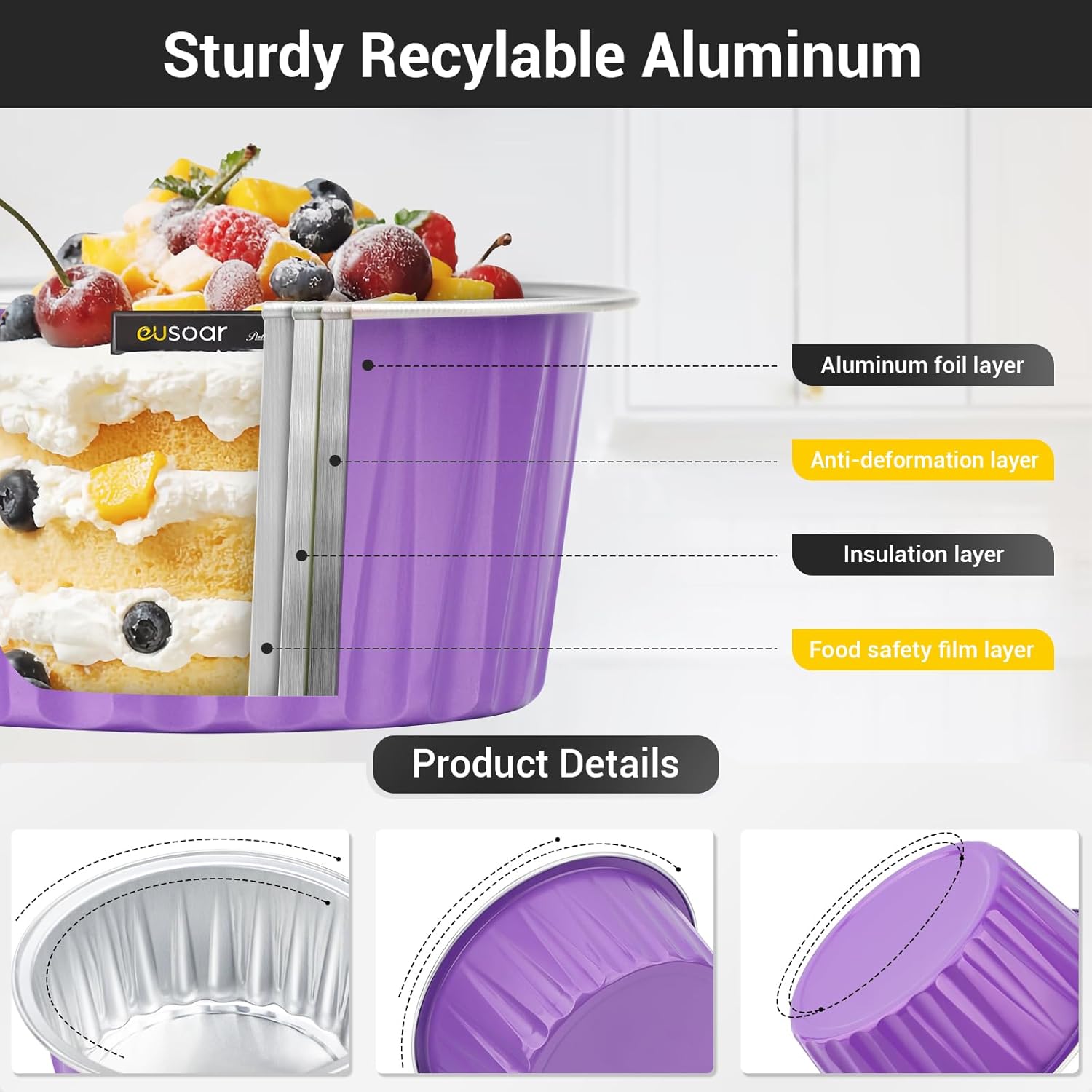 EUSOAR Mini Cake Pan, 30pcs 5oz Disposable Aluminum Foil Cupcake Liners Ramekins Baking Cups, Dessert Cups with Lids Mini Aluminum Cheesecake Pan Creme Brulee Ramekins-Lavender