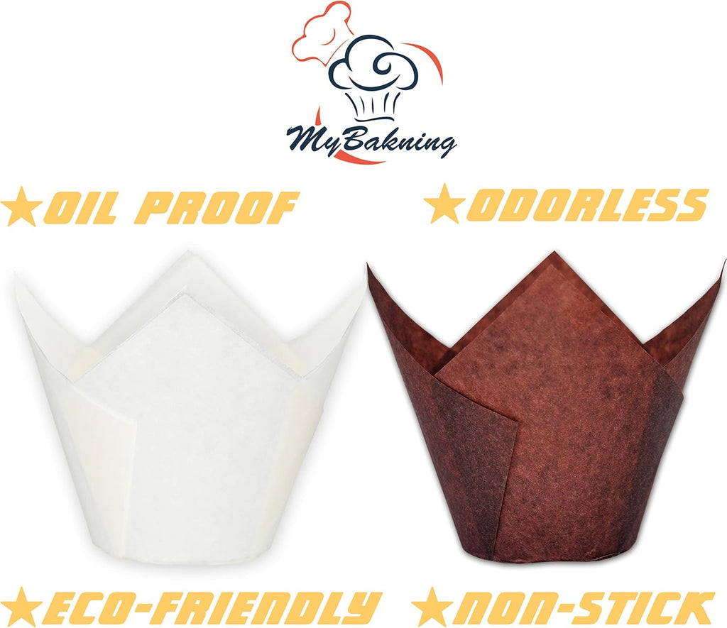 (Jumbo Extra Large size) Brown+White Tulip Baking Cups 2-1/4"(Base diameter) x 3-3/4"(Wall height) Greaseproof paper baking cupcake Muffin liners, Case of 130 pcs