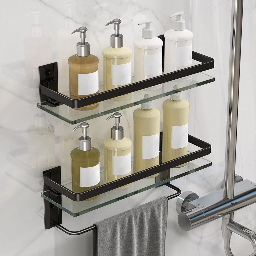 Danpoo Bathroom Shelves Wall Mounted, Clear Tempered Glass Shelf with Towel Bar, Hand Towel Holder(Matte Black)