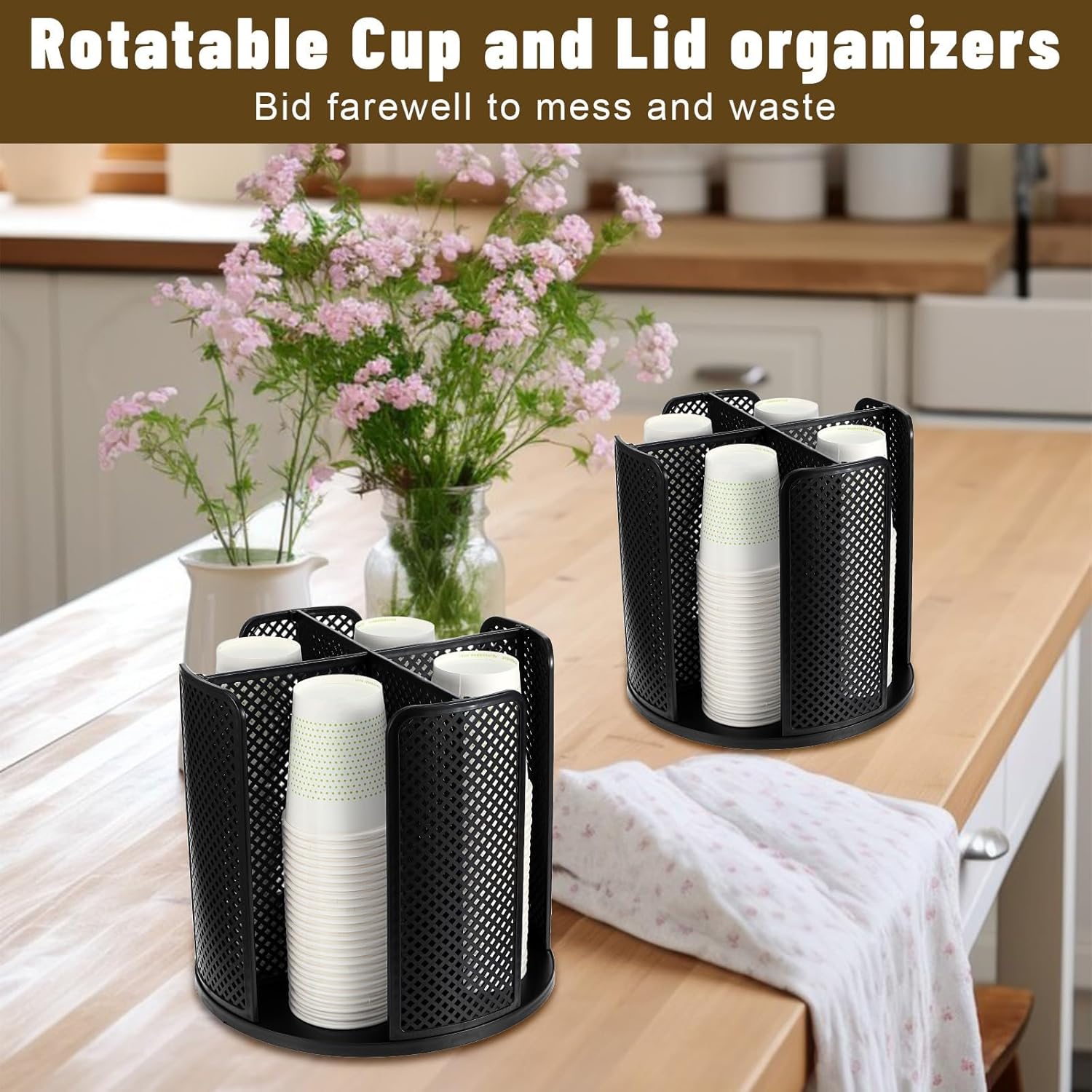 1 Pcs Rotating Paper Cup Dispenser, Cup Holder with 4 Compartments, Disposable Coffee Cup Dispenser Removable, Plastic Cup Storage & Lid Holder for Countertops, Kitchen, Coffee Stations (Black)