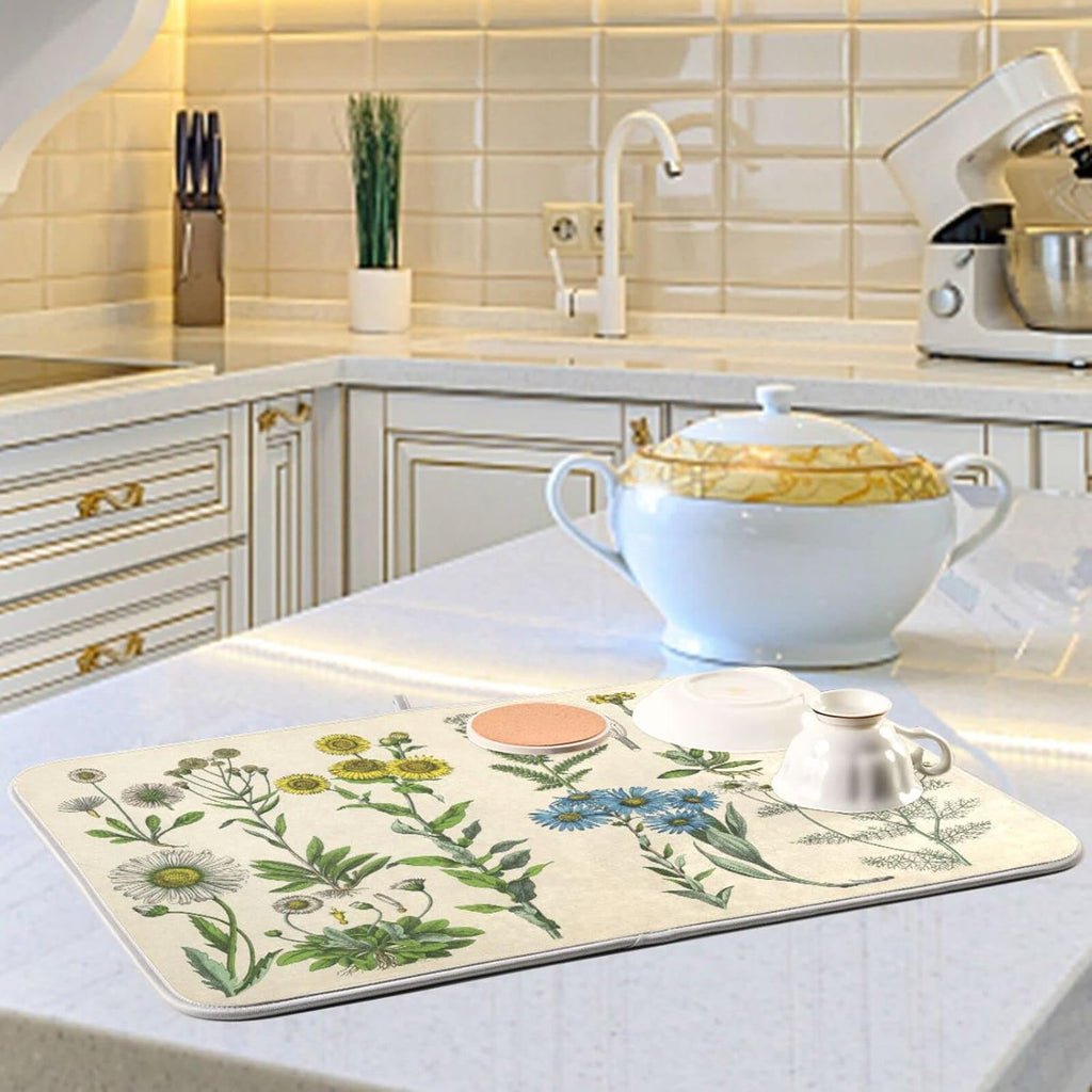 Herbs Flowers Botanical Plant Dish Drying Mat for Kitchen Counter Absorbent Microfiber Drying Pad, Large 18x24 in, Reversible Drainer Mats