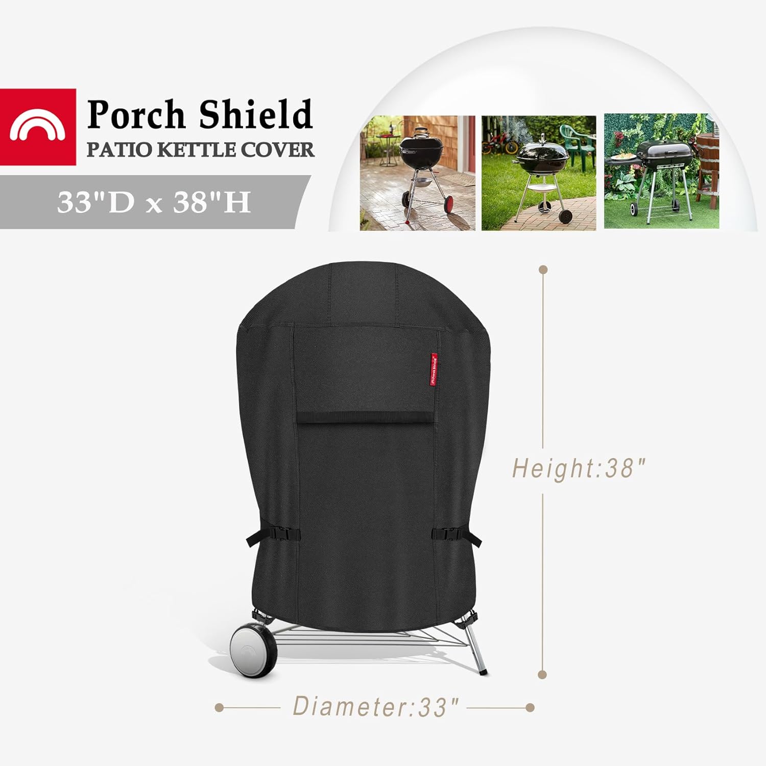 Porch Shield Outdoor Charcoal Kettle Grill Cover 26 inch Waterproof 600D Round Smoker Cover Fits Most Kettle Grill 33" Dia x 38" H, Black