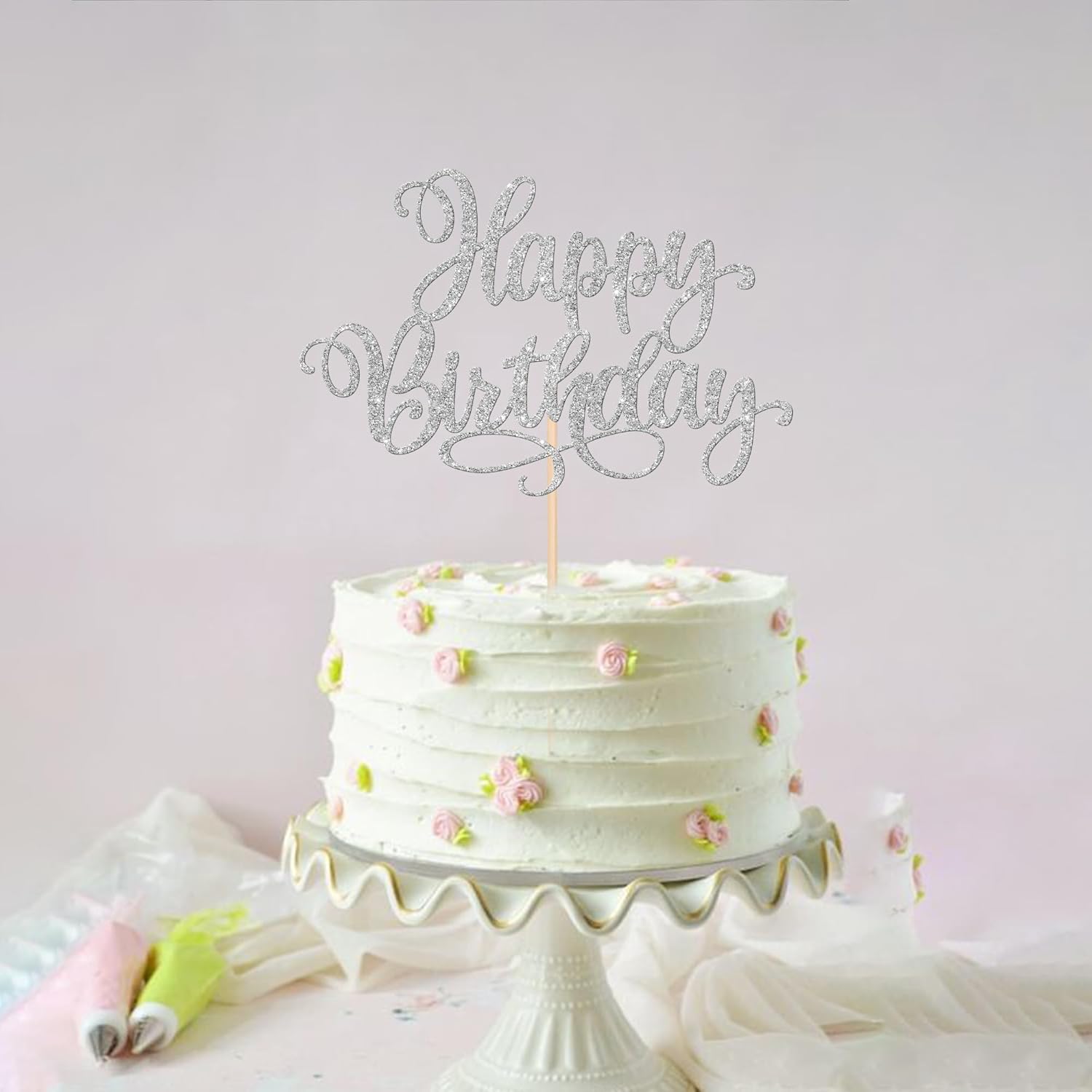 ZHUOWEISM 1 PCS Happy Birthday Cake Topper Glitter Happy Birthday Cake Pick for Celebrating Happy Birthday Anniversary Party Cake Decorations Supplies Silver