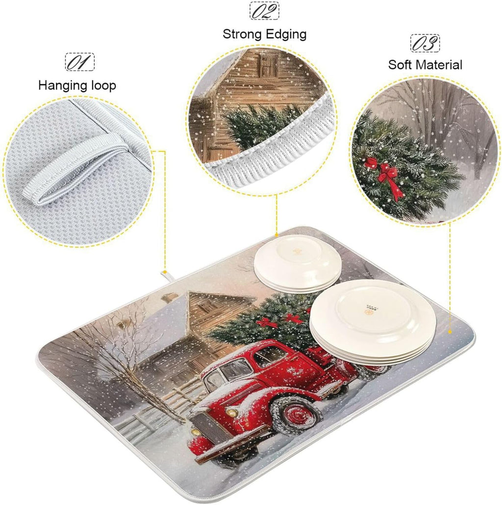 Red Christmas Truck Dish Drying Mat for Kitchen Counter Absorbent Microfiber Drying Pad, Large 18x24 in, Reversible Drainer Mats