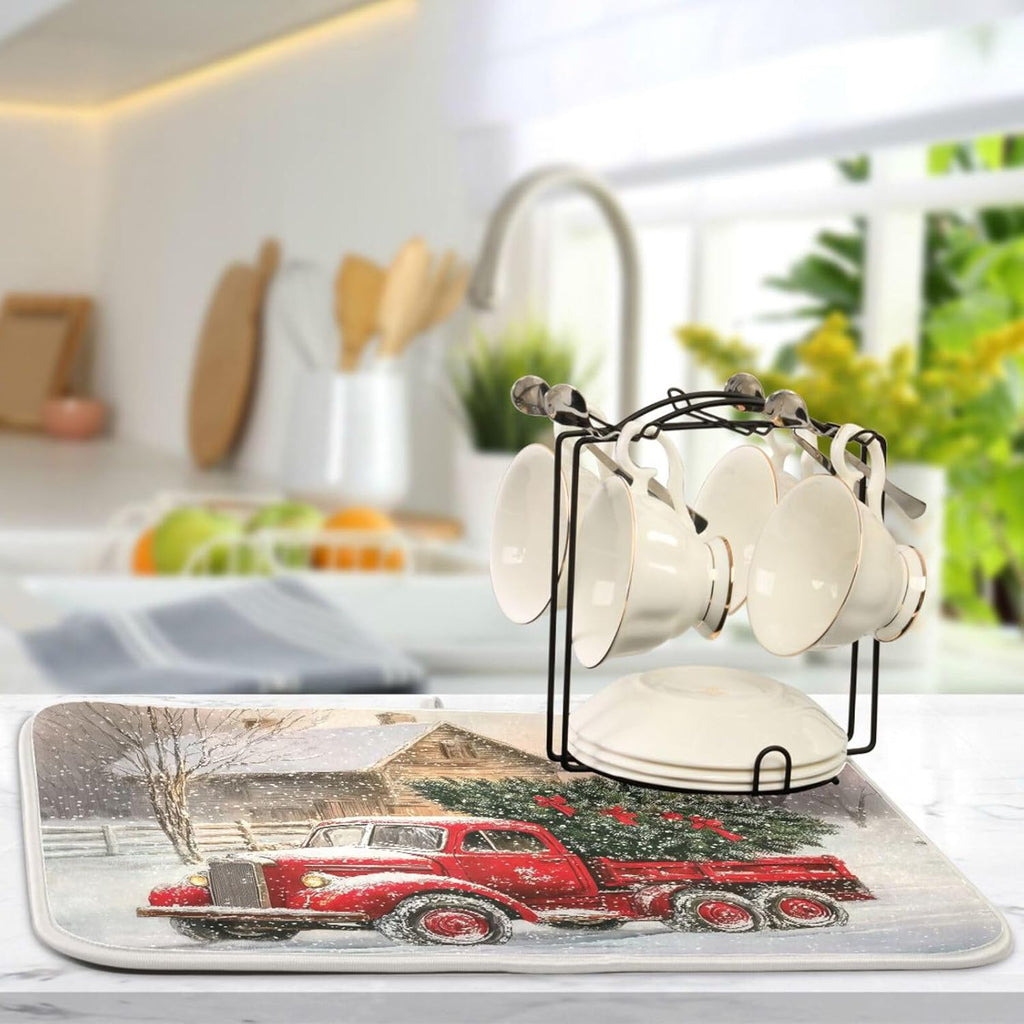 Red Christmas Truck Dish Drying Mat for Kitchen Counter Absorbent Microfiber Drying Pad, Large 18x24 in, Reversible Drainer Mats