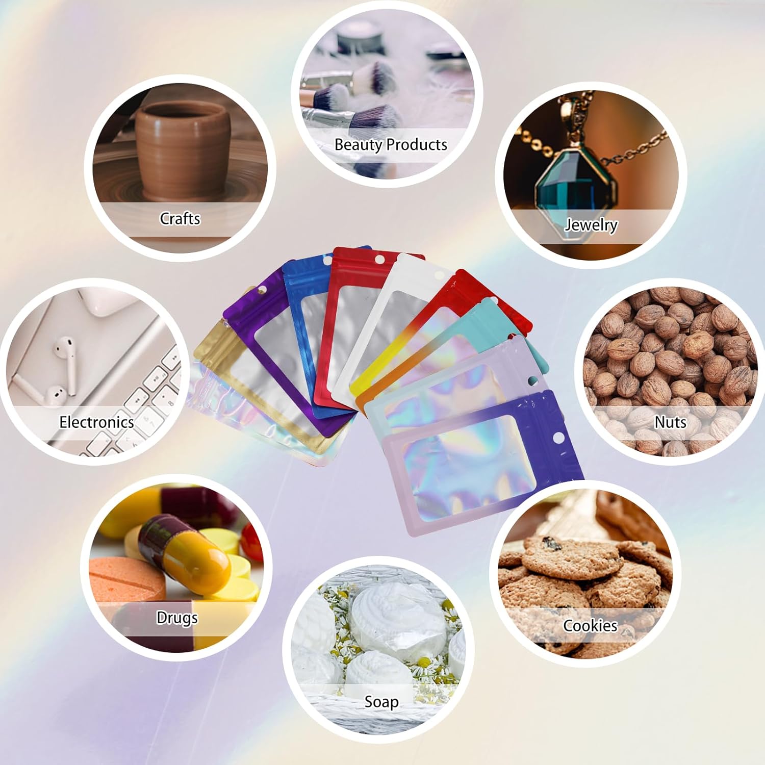 200 Pack Resealable Mylar Holographic Bags Food Storage Smell Proof Bags with Front Window Foil Packaging Pouch for Candy Sample Jewelry Small Business 2.95×4.72 Inch, Blue Fade Purple