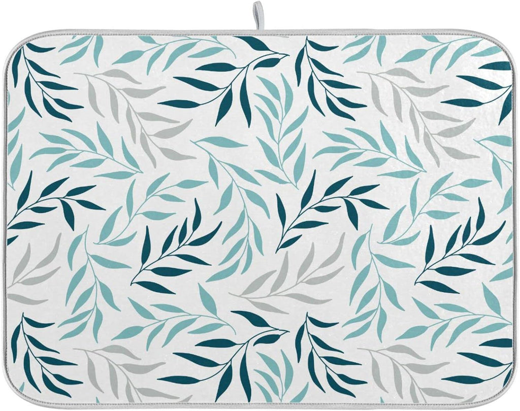 Blue Grey Olive Leaves Dish Drying Mat for Kitchen Counter Absorbent Microfiber Drying Pad, Medium 16x18 in, Reversible Drainer Mats