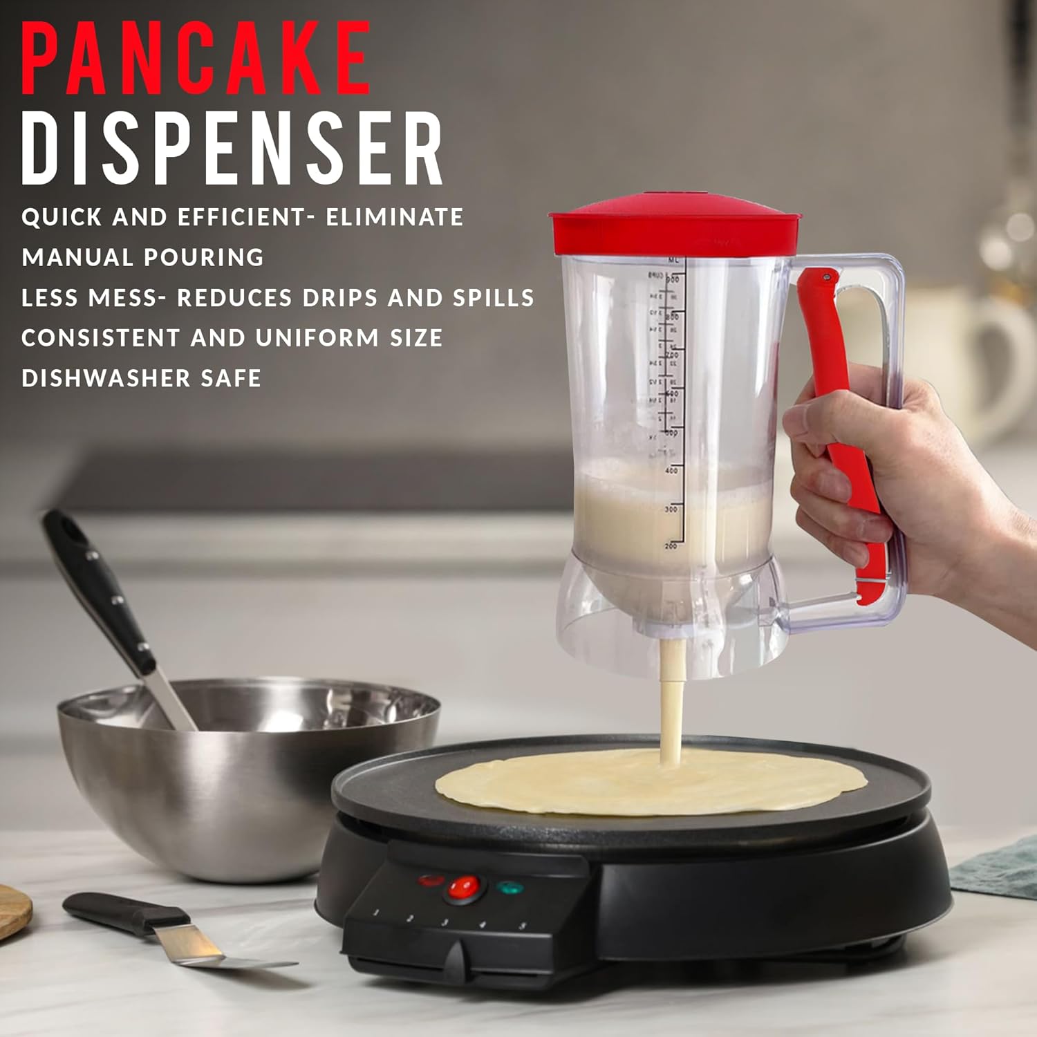 Eggssentials Griddle Breakfast Kit Compatible with Blackstone Griddle, Pancake Batter Dispenser, Bacon Press, 4 Egg Rings & Stainless Steel Spatula - Best for Indoor-Outdoor Cooking.