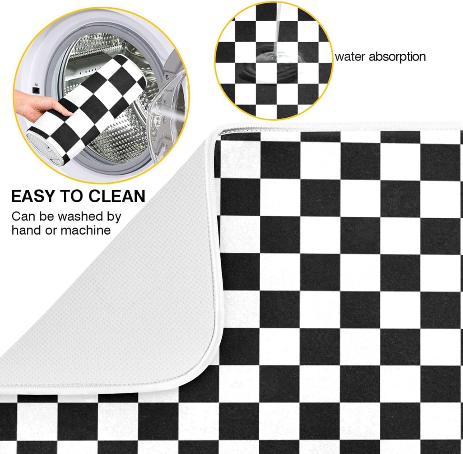 Black White Checkered Pattern Dish Drying Mat for Kitchen Counter Absorbent Microfiber Drying Pad, Medium 16x18 in, Reversible Drainer Mats