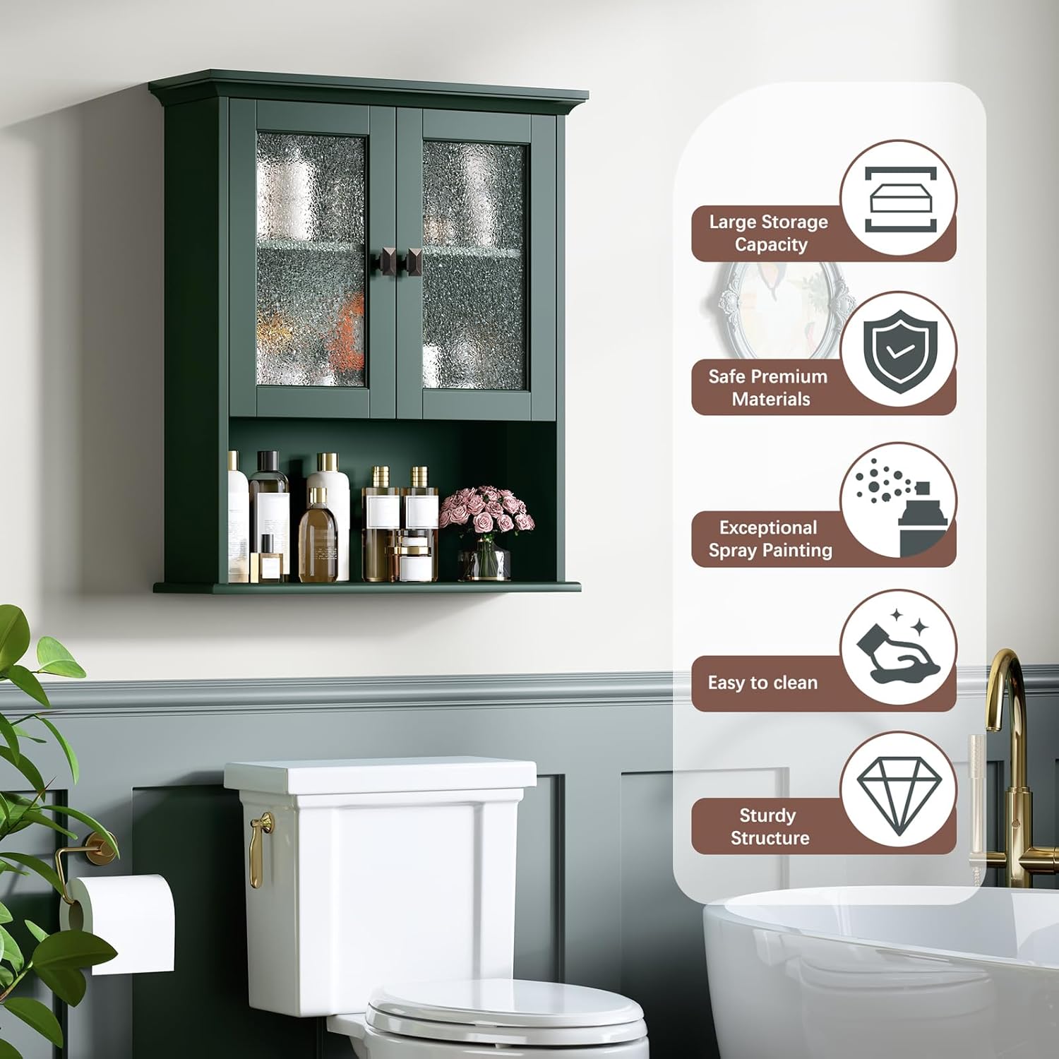 Bathroom Cabinet Wall Mount, Medicine Cabinet Over Toilet Storage Cabinet with Glass Door Build-in Spirit Level Cupboard Hanging Storage for Bathroom Laundry Kitchen Living Room (Forest Green)