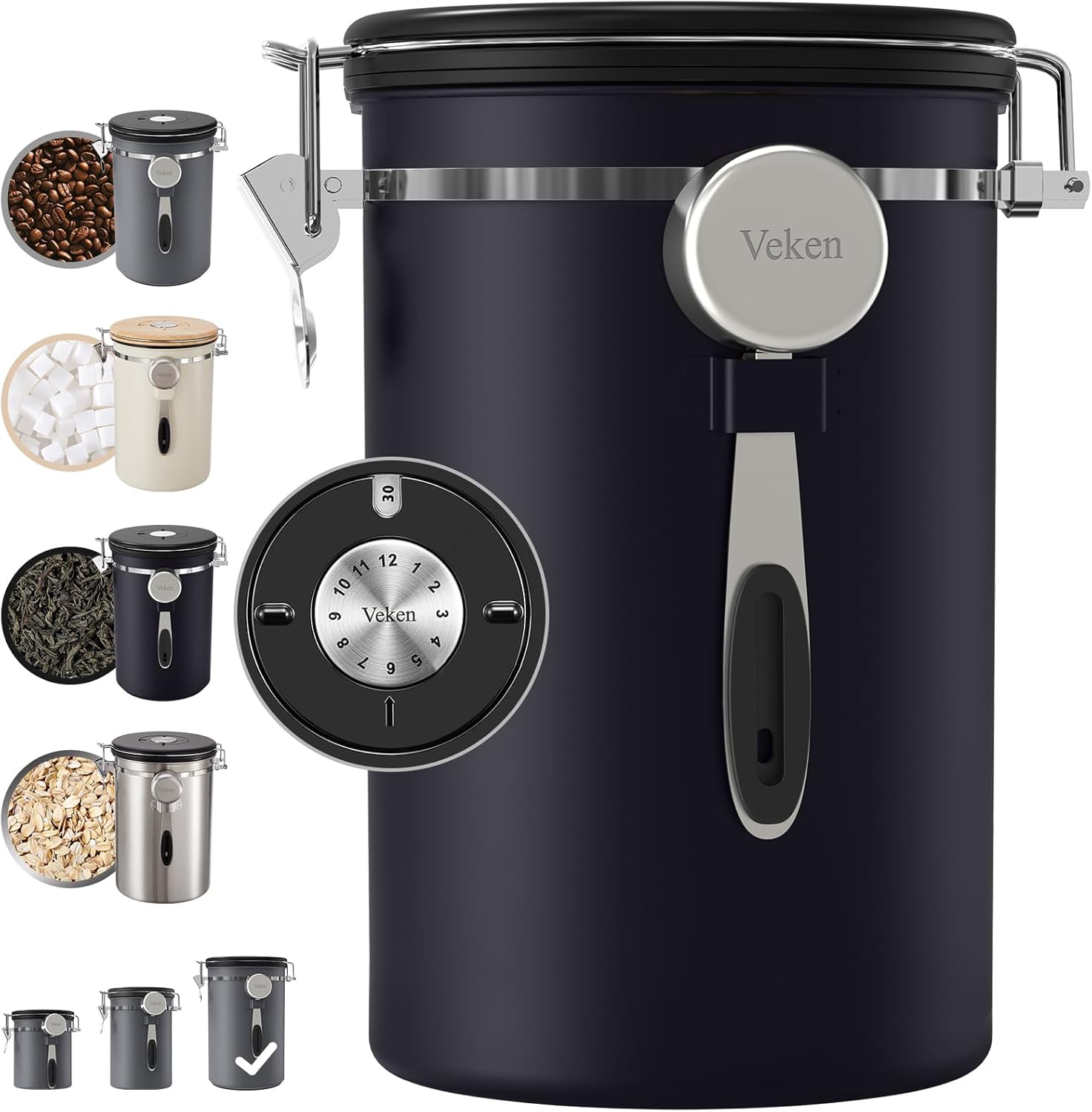Veken Coffee Canister, 39OZ Large, Airtight Stainless Steel Food Storage Container for 2.2lbs Coffee Beans, Ground, Sugar, Tea, Flour, Rice, Cereal, Cookies Jars, Bar Accessories & Gifts, Black