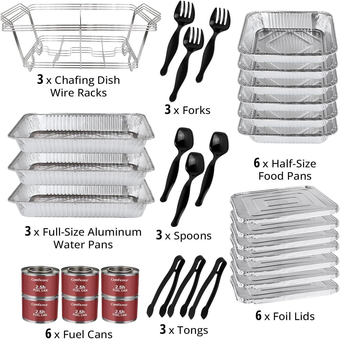 Disposable Chafing Dish Buffet Set, 33 Piece of Chafing Servers with Food Warmers, Covers, Half-Size Food Pans, Water Trays, Serving Utensils, Foil Lids and 4Hr Fuel Cans for Parties, Catering