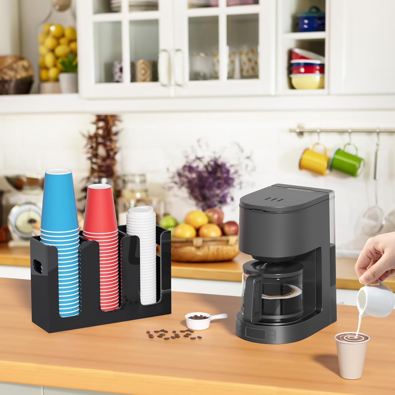 WINFFOR Disposable Cup Organizer Dispenser - 3 Compartments Black Acrylic Cup and Lid Holder with Handles Plastic Cup Dispenser Countertop Paper Cup Holder for Coffee Bar House Party Essentials