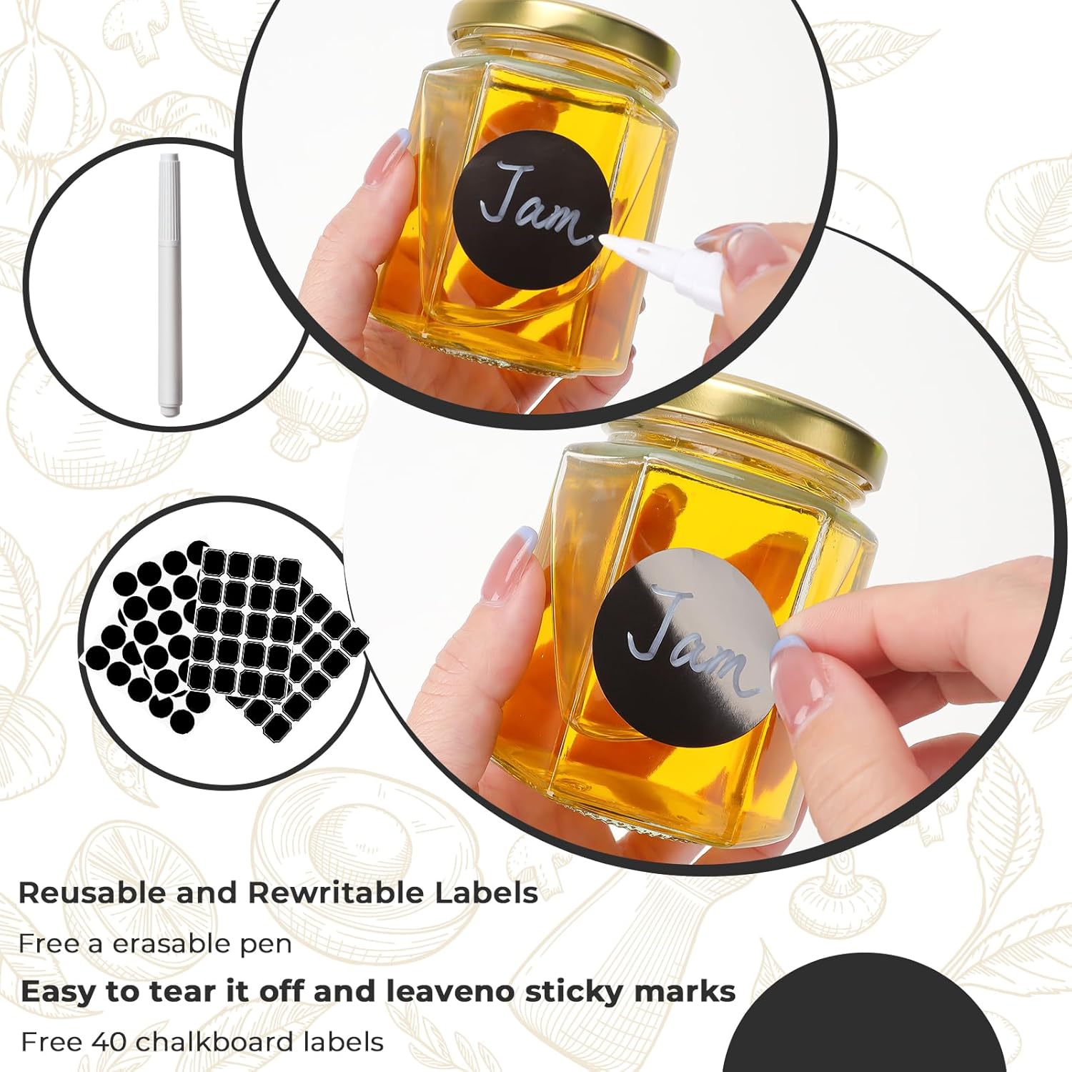 9 oz Hexagon Glass Jars with Gold Lids, 20 Pcs Canning Jars for Jam, Honey, Jelly, Candy, Candle, Wedding Favors, Baby Shower Favors, Spice Jars Crafts with Stickers and Pen for Labeling