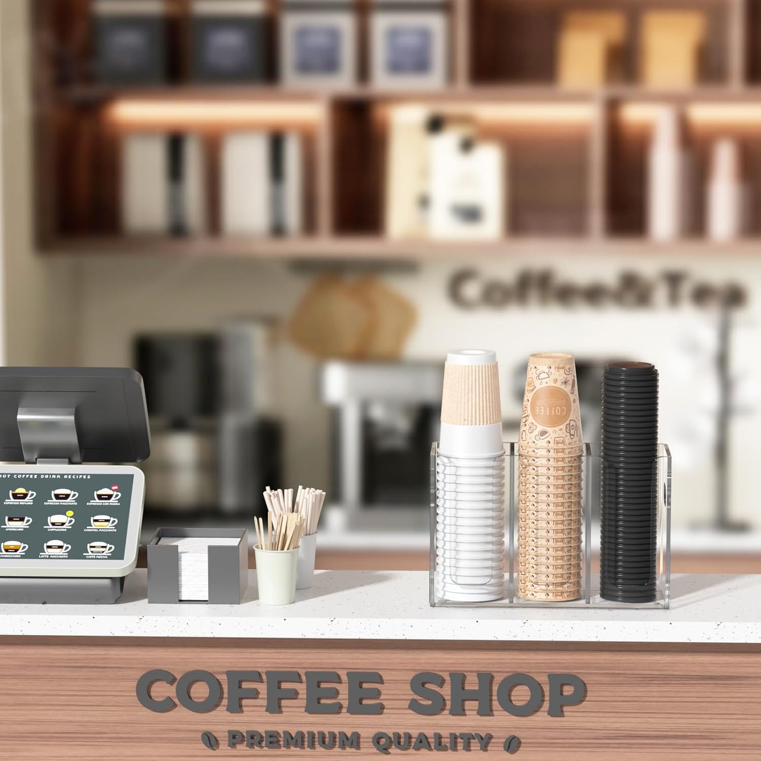 WINFFOR Disposable Cup Organizer Dispenser - 3 Compartments Clear Acrylic Cup and Lid Holder with Handles Plastic Cup Dispenser Countertop Paper Cup Holder for Coffee Bar House Party Essentials