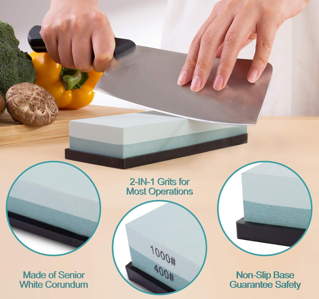 Knife Sharpening Stone 400/1000 Whetstone Sharpening Stone with Non-Slip Rubber Base for Kitchen, Hunting, and Pocket Knives or Blades