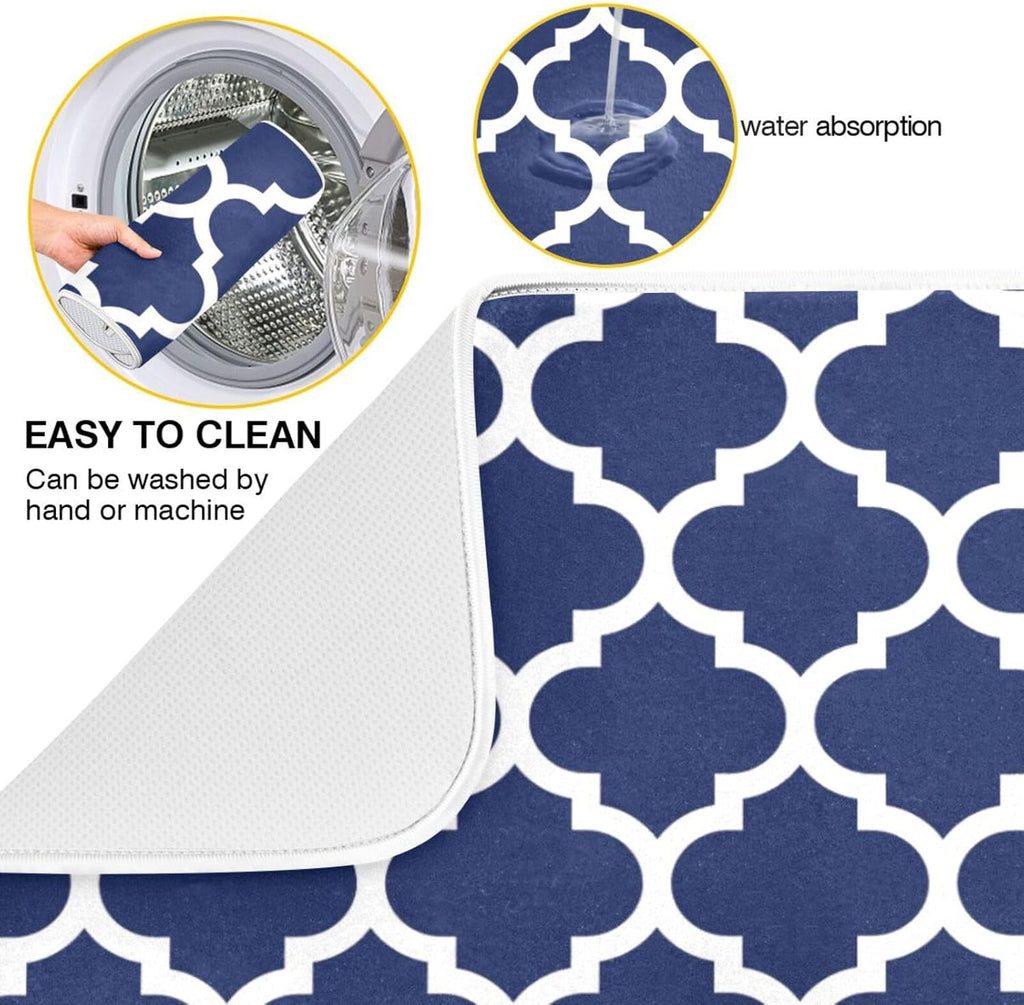 Navy Blue Trellis Lattice Dish Drying Mat for Kitchen Counter Absorbent Microfiber Drying Pad, Medium 16x18 in, Reversible Drainer Mats