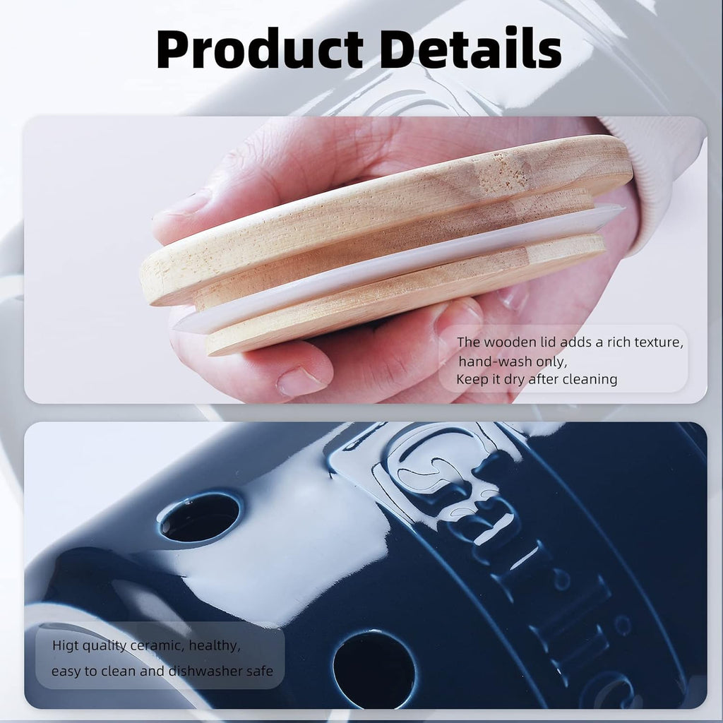 Large Garlic Keeper with Wooden Lid, Ceramic Garlic Holder Storage, Garlic Container for Kitchen, Garlic Saver to Keep Your Garlic Cloves Fresh Longer 4.5-Inch, Navy