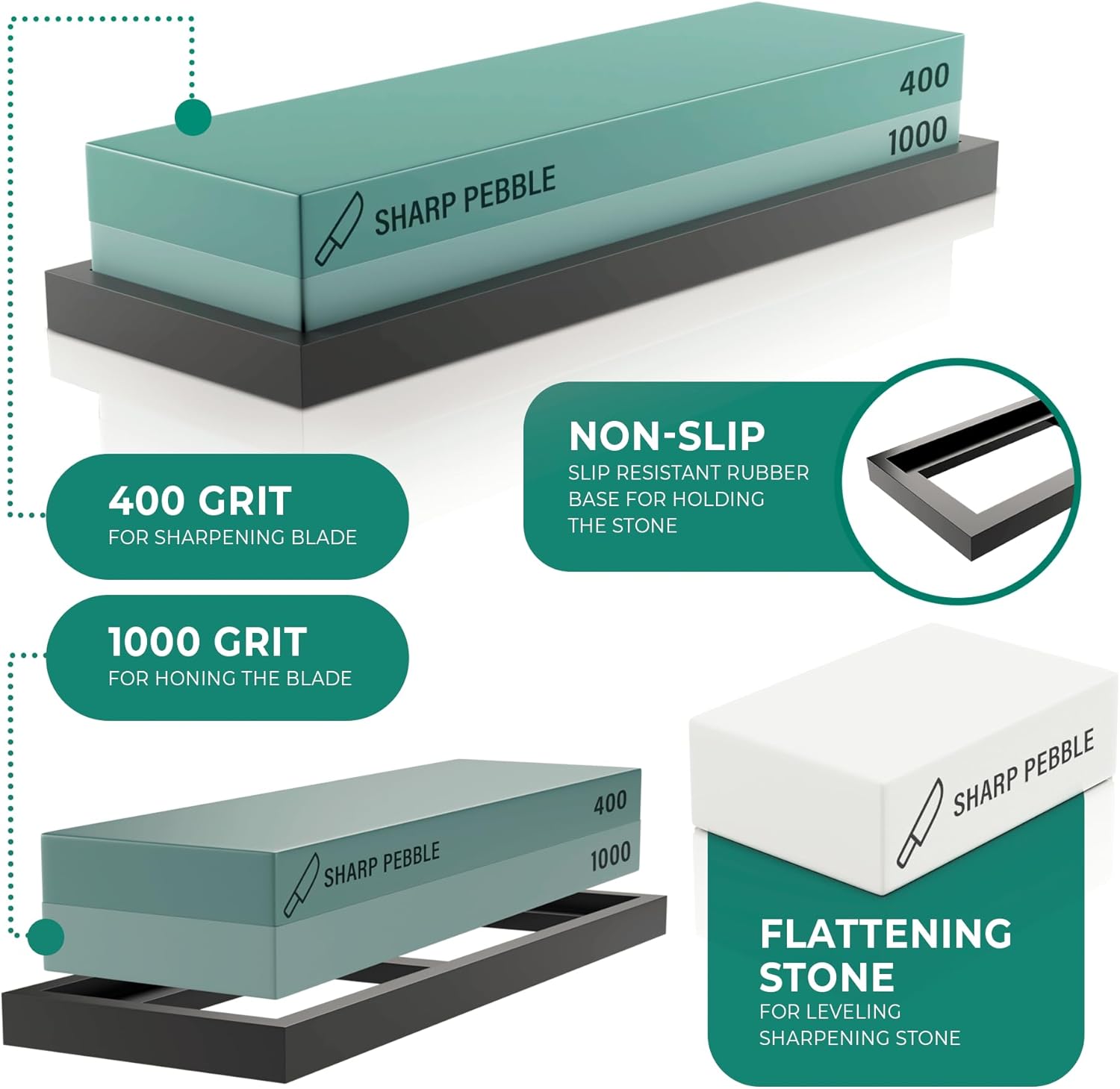 Sharp Pebble Premium Whetstone Knife Sharpening Stone 2 Side Grit 400/1000 Wetstone Kit -Wetstone Kitchen Knife Sharpener with Flattening Stone & NonSlip Rubber Base