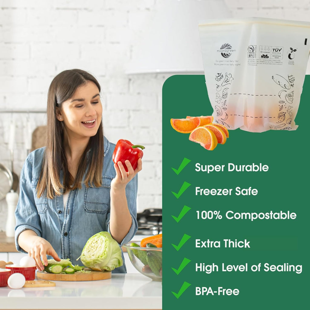 Compostable Food Storage Bags, Large Gallon Resealable Freezer Bags, 50 Count, 10.5 x 10.6 inches, Extra Thick, Certified US BPI ASTM D6400 Europe OK Compost