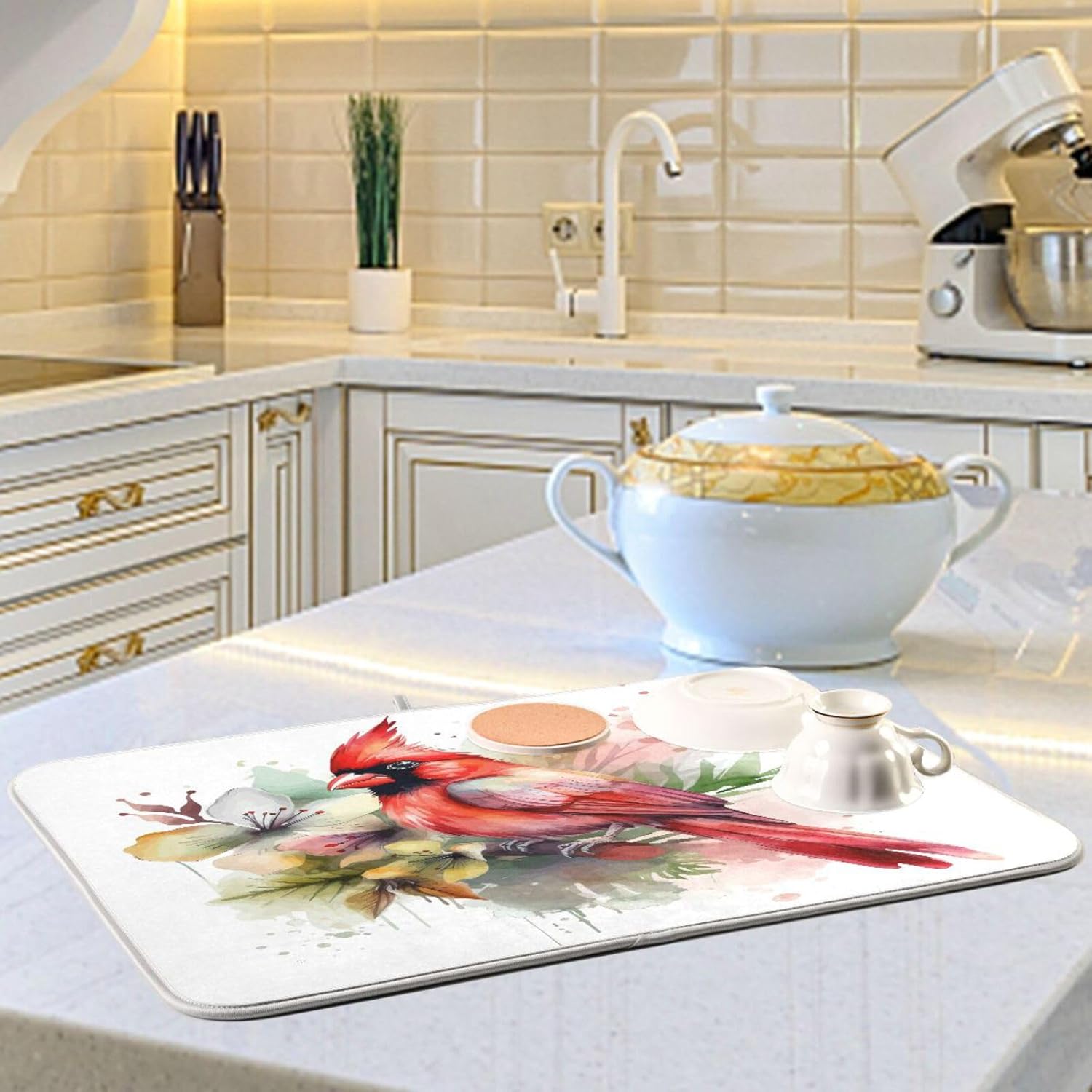 Cute Cardinal Christmas Dish Drying Mat for Kitchen Counter Absorbent Microfiber Drying Pad, Medium 16x18 in, Reversible Drainer Mats