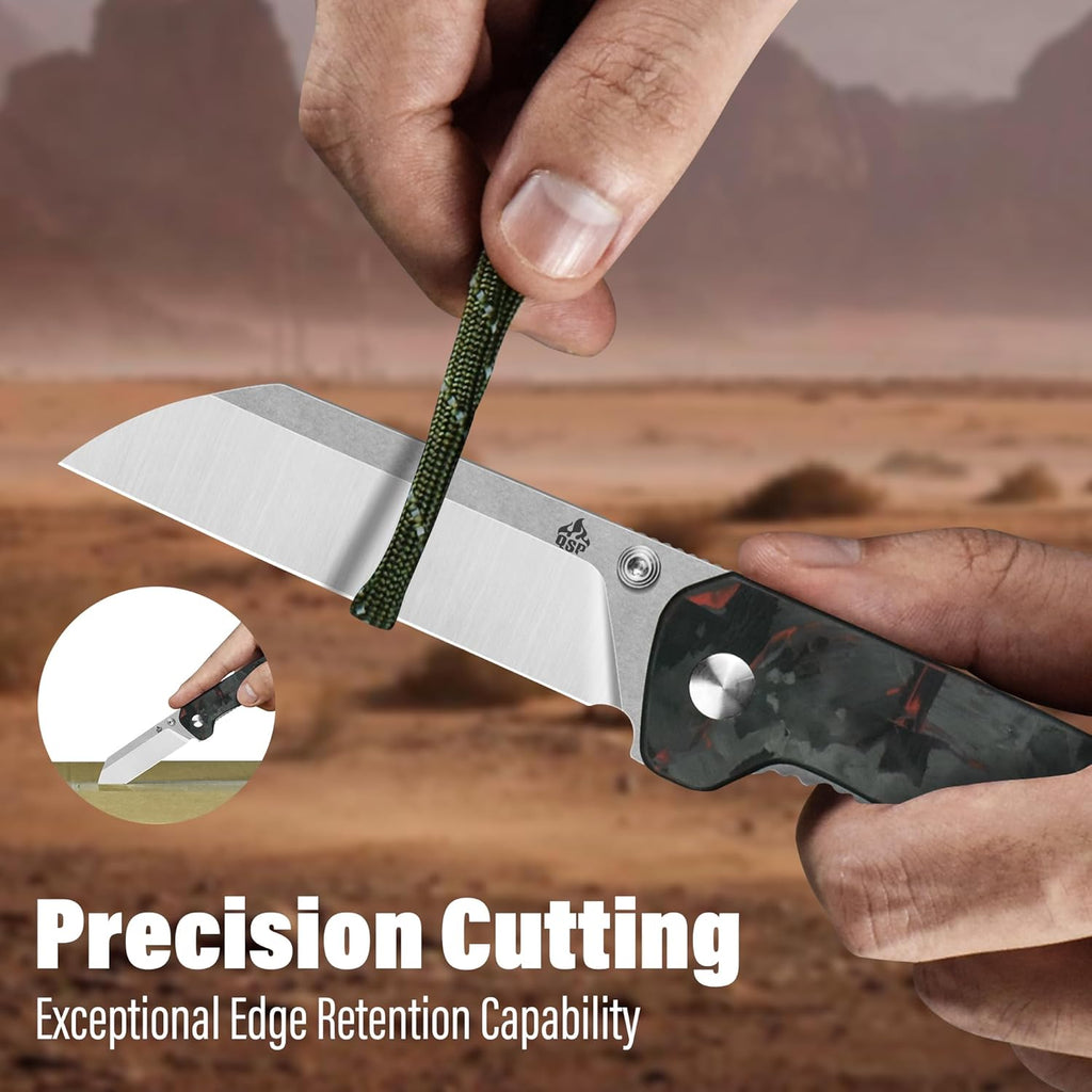 QSP Penguin V2 Folding Pocket Knife, 3.06" D2 Two Tone Finish Stonewash Satin Blade EDC Knife, Red Shredded CF Overlay G10 Handle, Liner Lock, Ceramic Ball Bearings, Reversible SS Deep Carry Clip