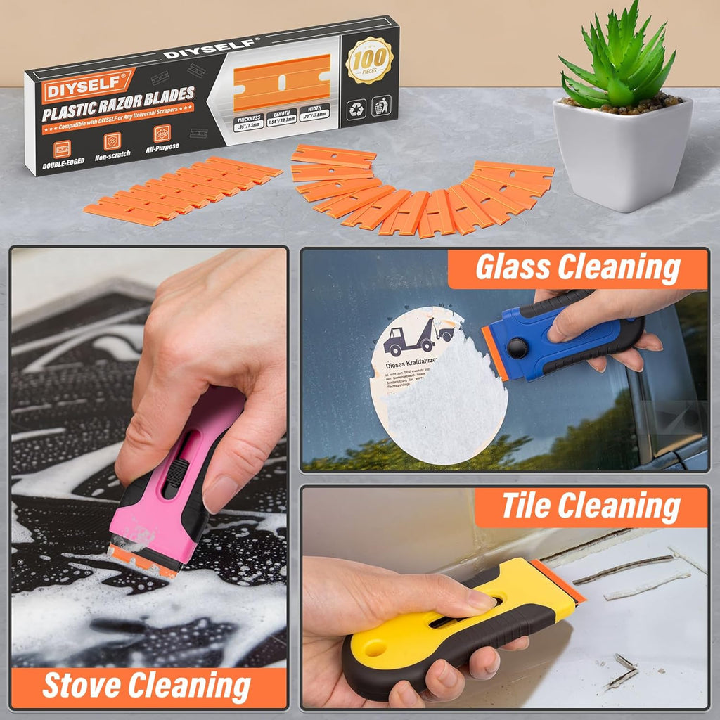 DIYSELF 300 Pack Plastic Razor Blades - Blade Replacement for Plastic Razor Blade Scraper - Plastic Blades for Floors, Glass, Metal - Stains and Adhesives Romovel
