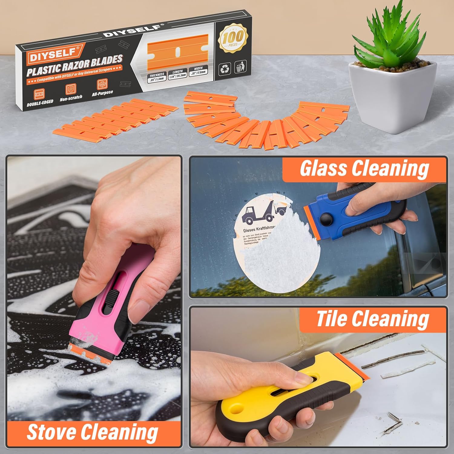 DIYSELF 300 Pack Plastic Razor Blades - Blade Replacement for Plastic Razor Blade Scraper - Plastic Blades for Floors, Glass, Metal - Stains and Adhesives Romovel