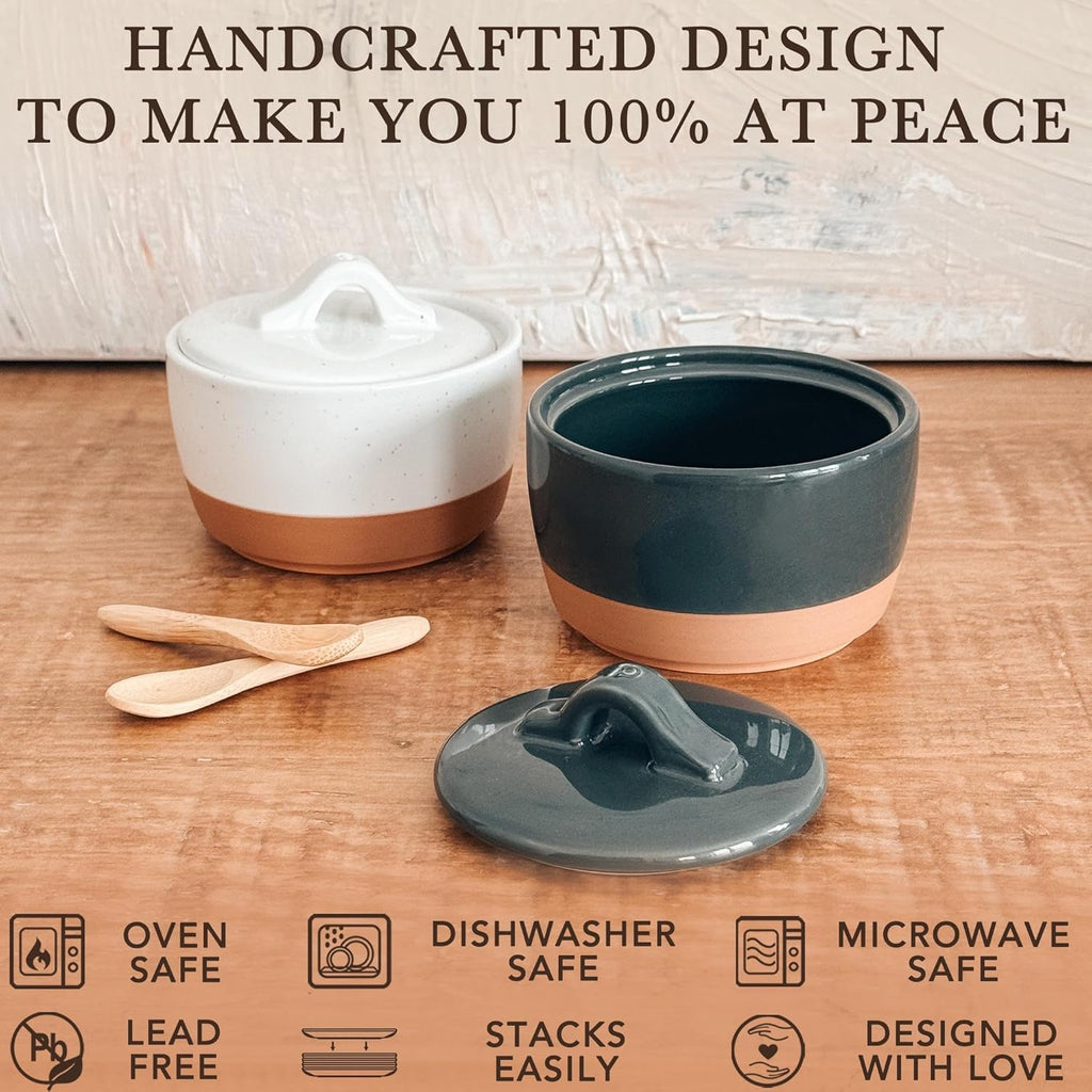 Mora Ceramic Salt and Pepper Cellar Set with Lid - 10 oz Modern Canister/Container/Bowl for Storage, Sea Salt, Spice, Sugar, Countertop - Small Dish/Jar with Wood Spoon, Black & White Crock