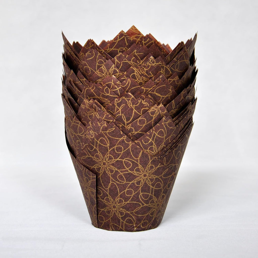 (JUMBO Large size) Brown Golden pattern Tulip Baking Cups 2-1/4"(Base diameter) x 3-3/4"(Wall height) Greaseproof paper Muffin liners, Case of 130 pcs
