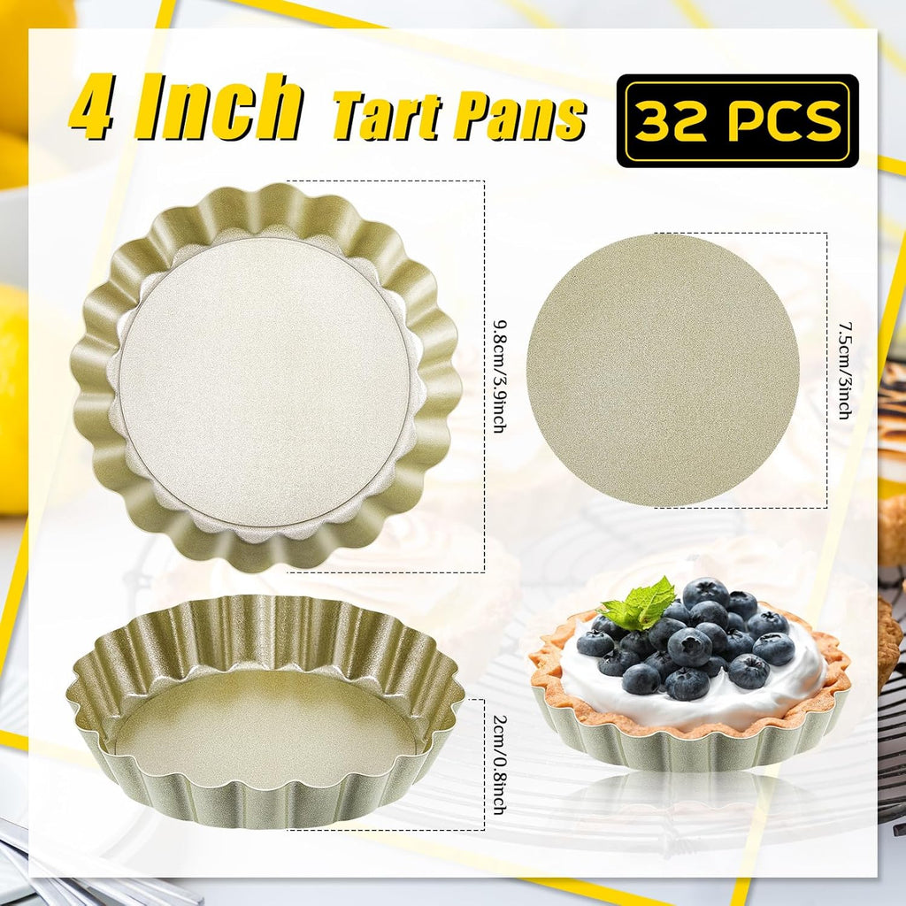 Uiifan 32 Pcs Mini Tart Pans Egg Tart Molds with Removable Bottom Round Nonstick Quiche Pan Mini Pie Pans Small Bakeware Mold Fluted Side for Mousse Cake Dessert Baking(4 Inch,Gold)
