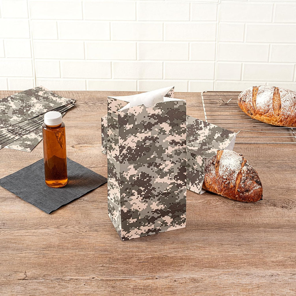 Restaurantware Bag Tek 8 LB Disposable Lunch Bags 100 Sturdy Take Out Bags - Flat Bottom Great For Restaurants Cafes And Bakeries Camouflage Paper Popcorn Bags Versatile For Grocery And More