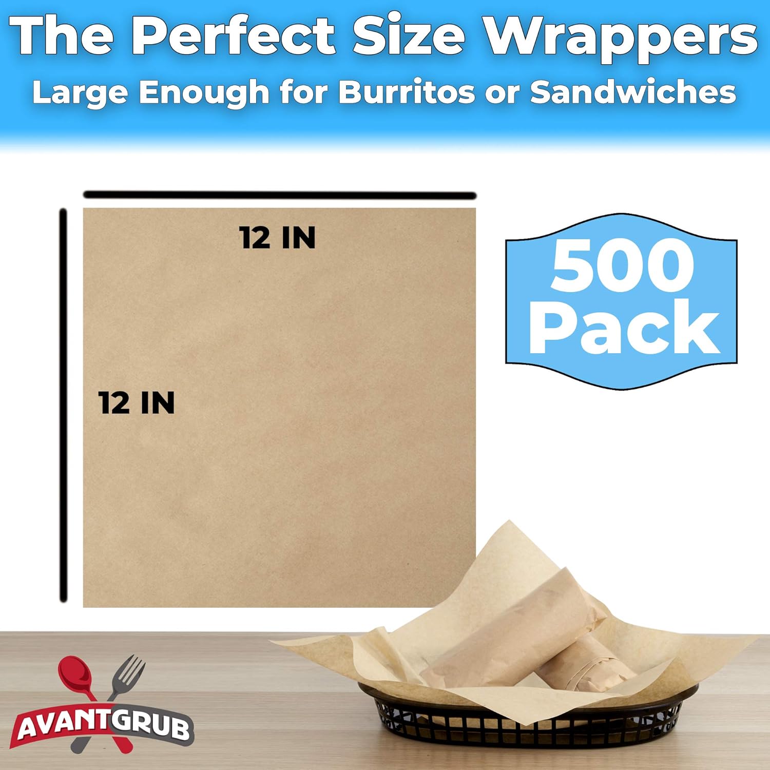 Eco Friendly, Grease Proof 12" x 12" Deli Wrap 500 Pk. Best Kraft Food Wrapping Paper Sheets for Picnic, Festival, Fair or BBQ. Perfect Liner for Tray, Basket or Boat. Quality Bulk Restaurant Supply