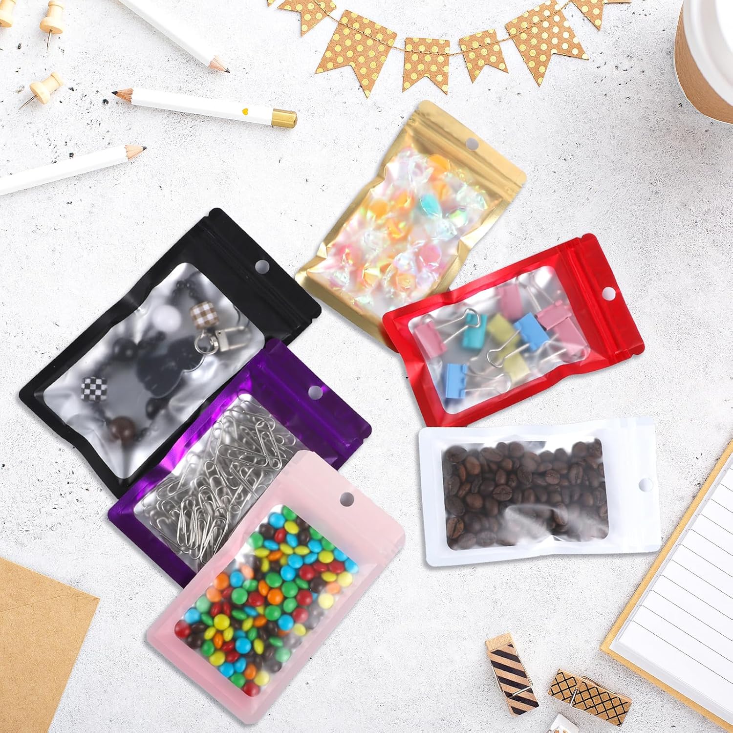 200 Pack Resealable Mylar Holographic Bags Food Storage Smell Proof Bags with Front Window Foil Packaging Pouch for Candy Sample Jewelry Small Business 3.54×6.29 Inch, Red