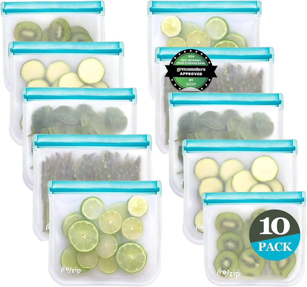 (re) zip 10-Pack Reusable Sandwich Lunch Bags | BPA-Free, Food Grade, Leakproof, Freezer Safe, Dishwasher Safe, Travel Friendly | 3.5 Cup / 28-Ounce | Aqua