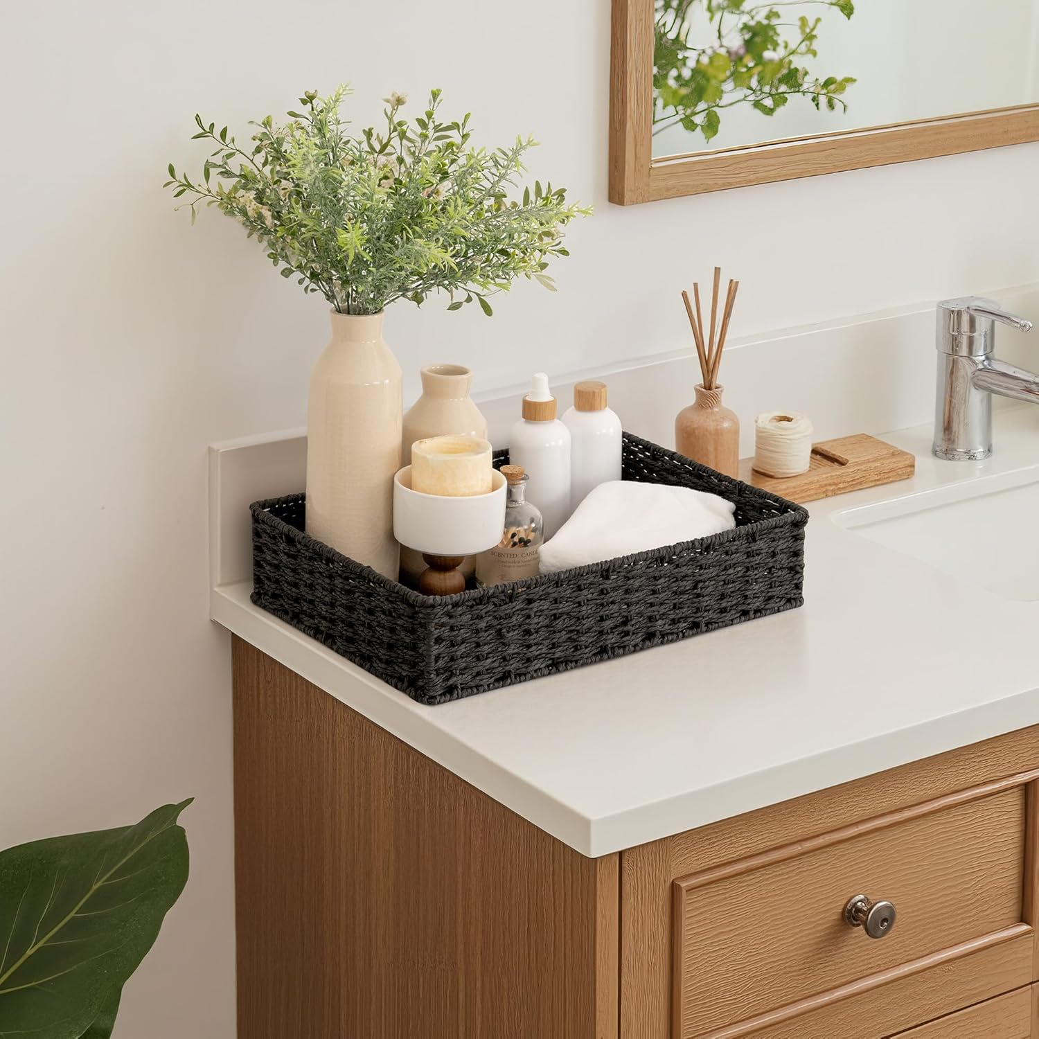 StorageWorks Bathroom Vanity Tray for Countertop, Bathroom Counter Tray for Decorative, Toilet Paper Baskets, Black, Larger, 2 Pack