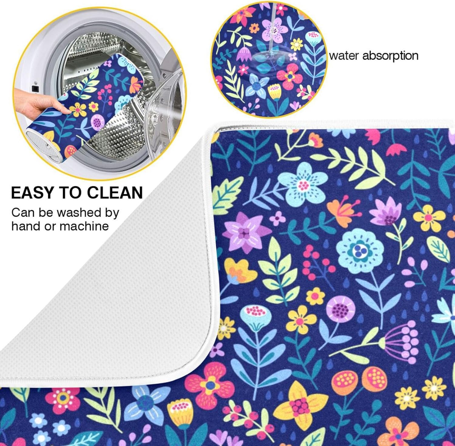 Cute Floral Flowers Dish Drying Mat for Kitchen Counter Absorbent Microfiber Drying Pad, Medium 16x18 in, Reversible Drainer Mats