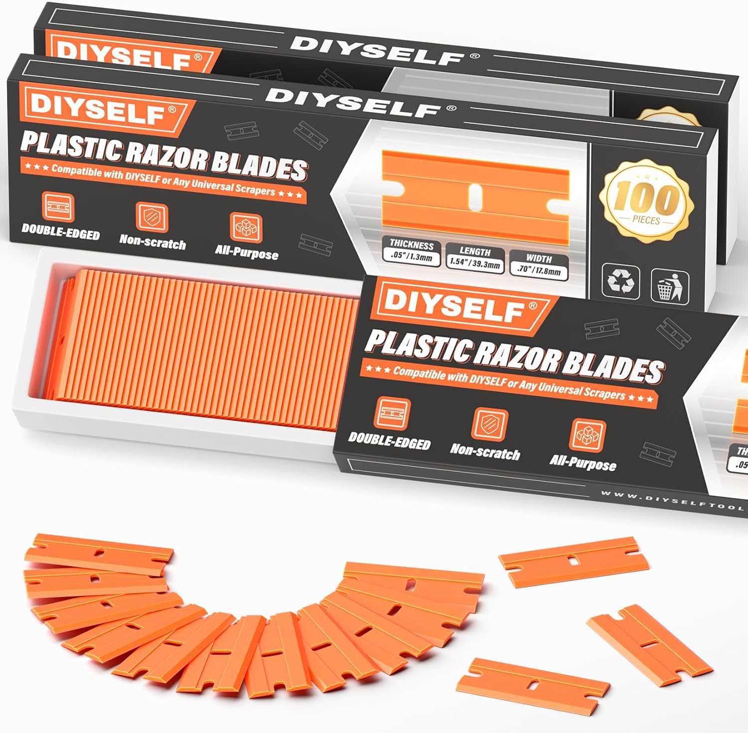 DIYSELF 300 Pack Plastic Razor Blades - Blade Replacement for Plastic Razor Blade Scraper - Plastic Blades for Floors, Glass, Metal - Stains and Adhesives Romovel