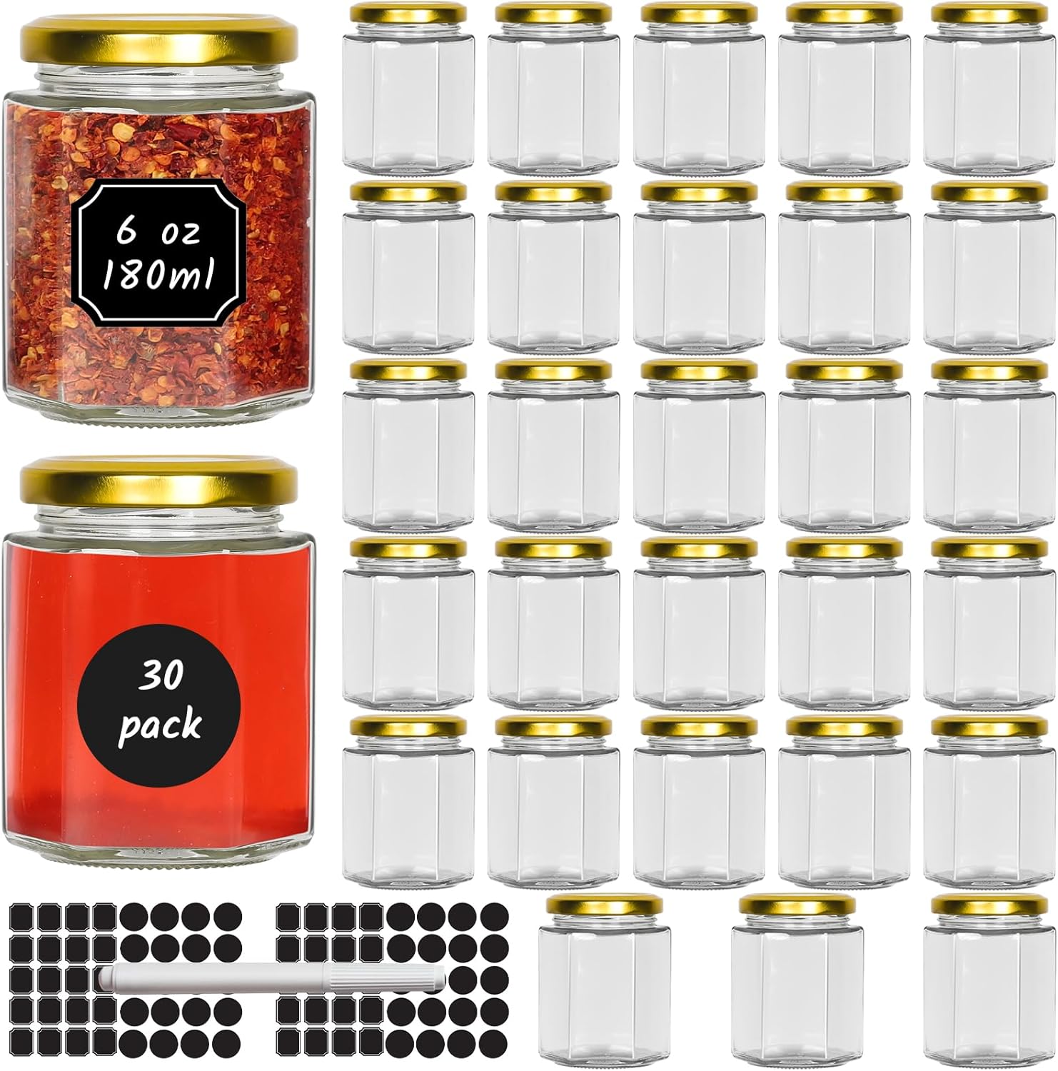 6 oz Hexagon Glass Jars with Gold Lids, 30 Pcs Canning Jars for Jam, Honey, Jelly, Candy, Candle, Wedding Favors, Baby Shower Favors, Spice Jars Crafts with Stickers and Pen for Labeling