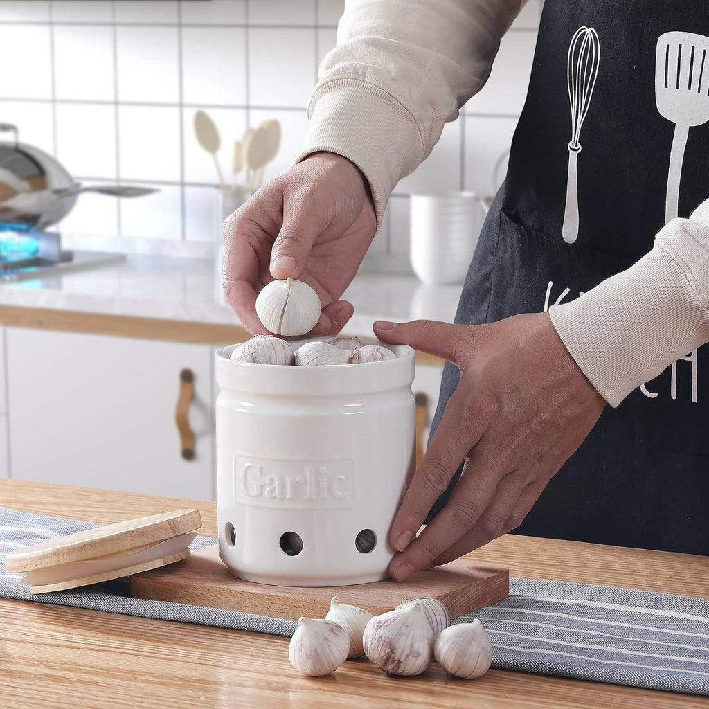 Large Garlic Keeper with Wooden Lid, Ceramic Garlic Holder Storage, Garlic Container for Kitchen, Garlic Saver to Keep Your Garlic Cloves Fresh Longer 4.5-Inch, White