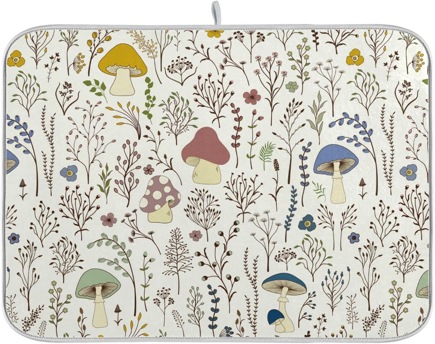 Cute Mushroom Wild Plant Dish Drying Mat for Kitchen Counter Absorbent Microfiber Drying Pad, Large 18x24 in, Reversible Drainer Mats