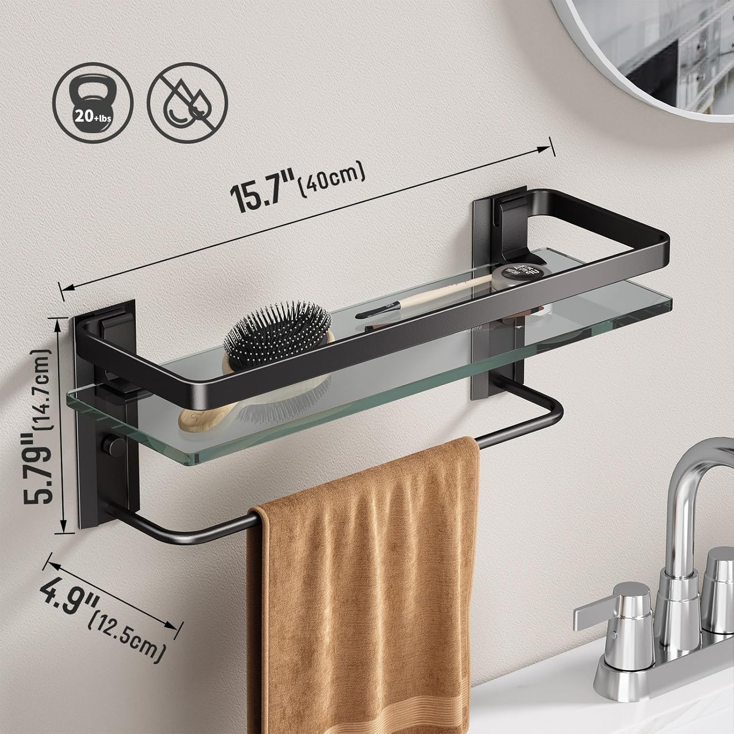Danpoo Bathroom Wall Shelf with Towel Bar, Clear Tempered Glass, Hand Towel Holder (Matte Black)