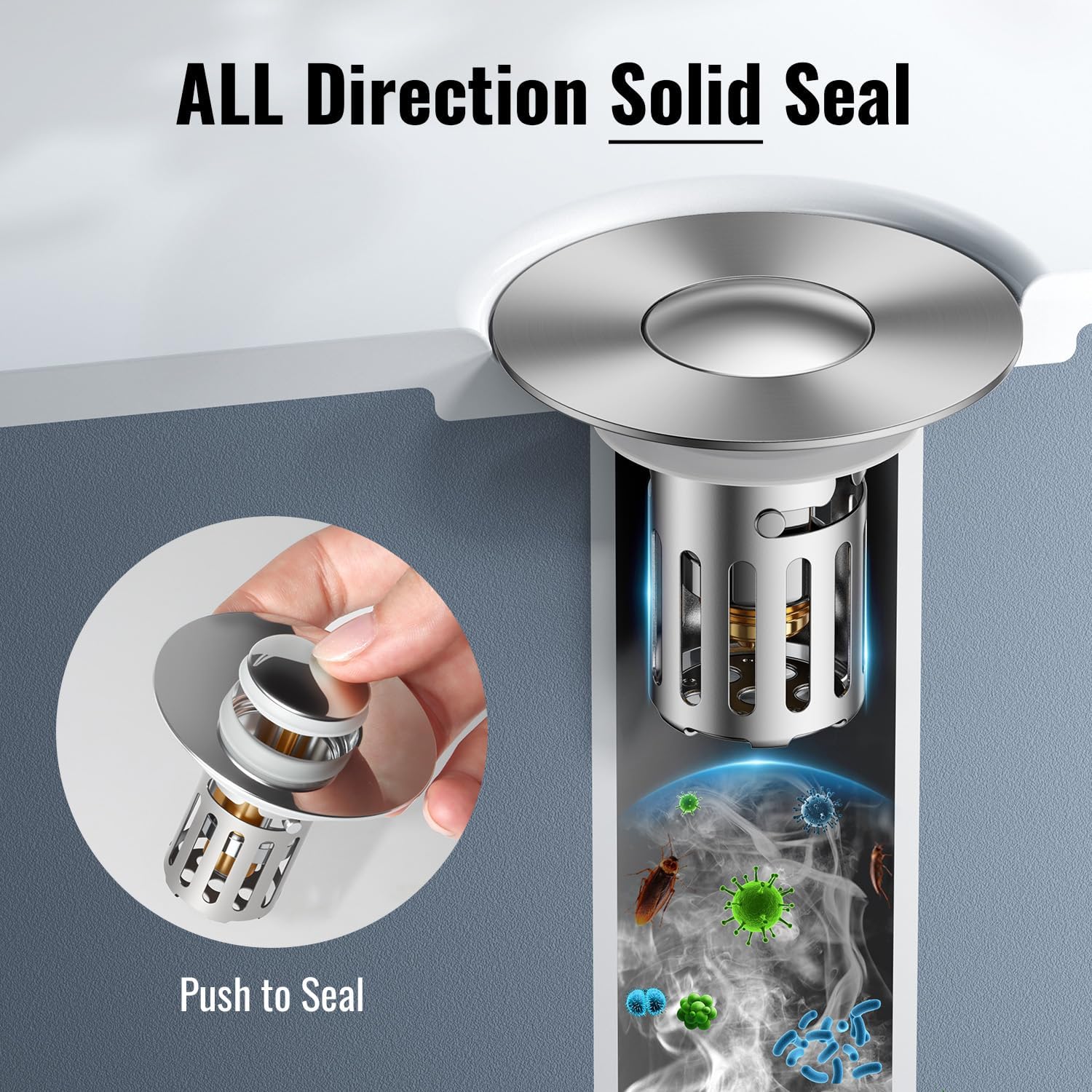 (2 Pc) All Metal Bathroom Sink Stopper Fit 99% - 3 in 1 Universal Pop Up Sink Stopper with Removable Stainless Steel Filter Basket Hair Catcher - for 1.1'' to 2.36'' Basin - Brass Core, 7000+ Tested