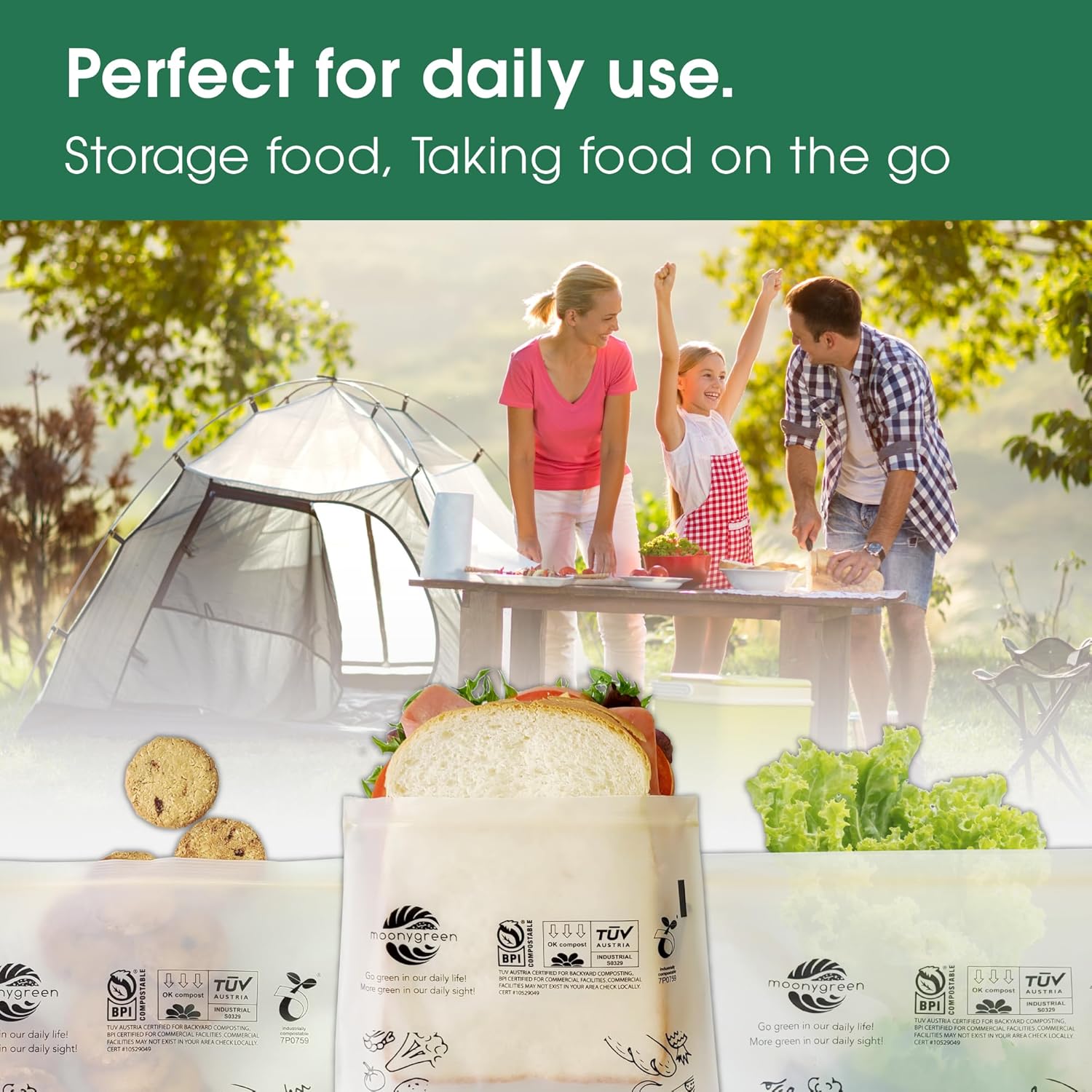 Compostable Food Storage Bags, Resealable Sandwich Bags, 50 Count, 6.7 x 6.8 inches, Extra Thick, Certified US BPI ASTM D6400 Europe OK Compost