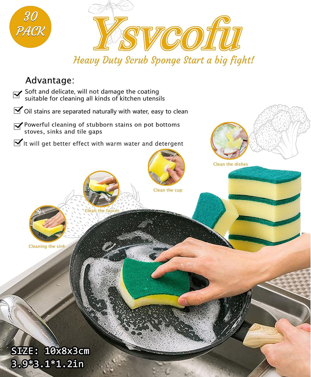 (Pack of 30) Kitchen Sponges Pack,Scrub Daddy sponges,Dish Sponge,Double Face Non-Scratch Scrub Sponge，Super Absorbent Multi-Use Cleaning Sponge,Widely Used in Kitchen, Bathroom, Outdoor