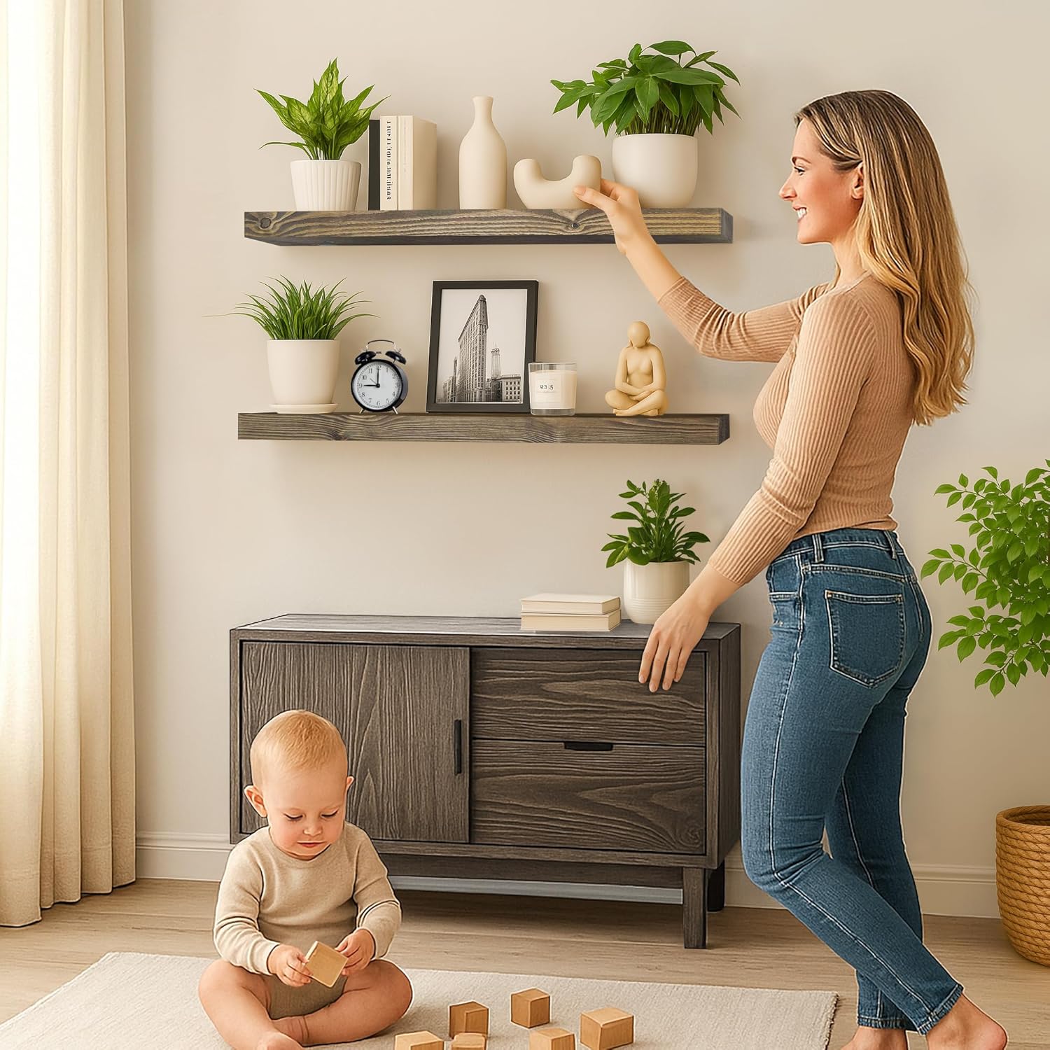 Rustic Floating Shelves 36 inch Long 8 inch deep Set of 2, Solid Wood Wall Shelves for Bedroom Living Room Kitchen,Book Shelf for Wall, Wall Mounted Shelves with Hidden Bracket- Walnut