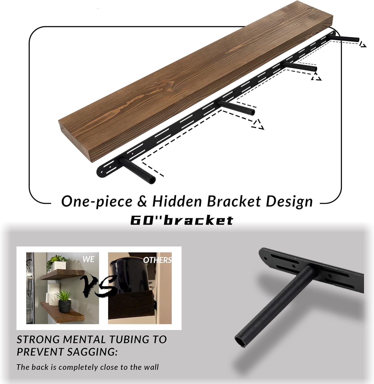 Rustic Floating Shelves 60 inch Long 8 "deep Set of 2, Heavy Duty Wood Wall Mounted Shelves for Bathroom Living Room Kitchen,Book Shelves with Thickened Hidden Bracket- Walnut