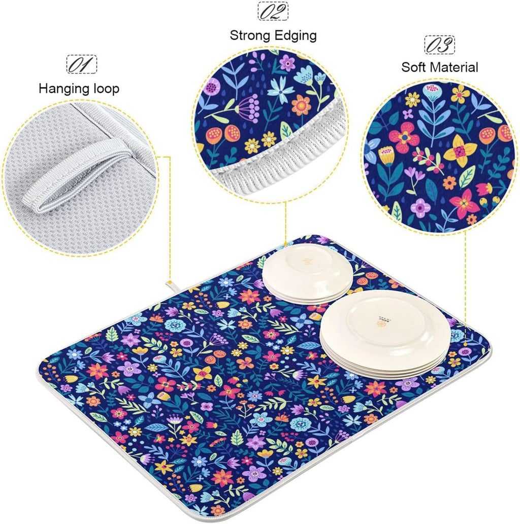 Cute Floral Flowers Dish Drying Mat for Kitchen Counter Absorbent Microfiber Drying Pad, Medium 16x18 in, Reversible Drainer Mats